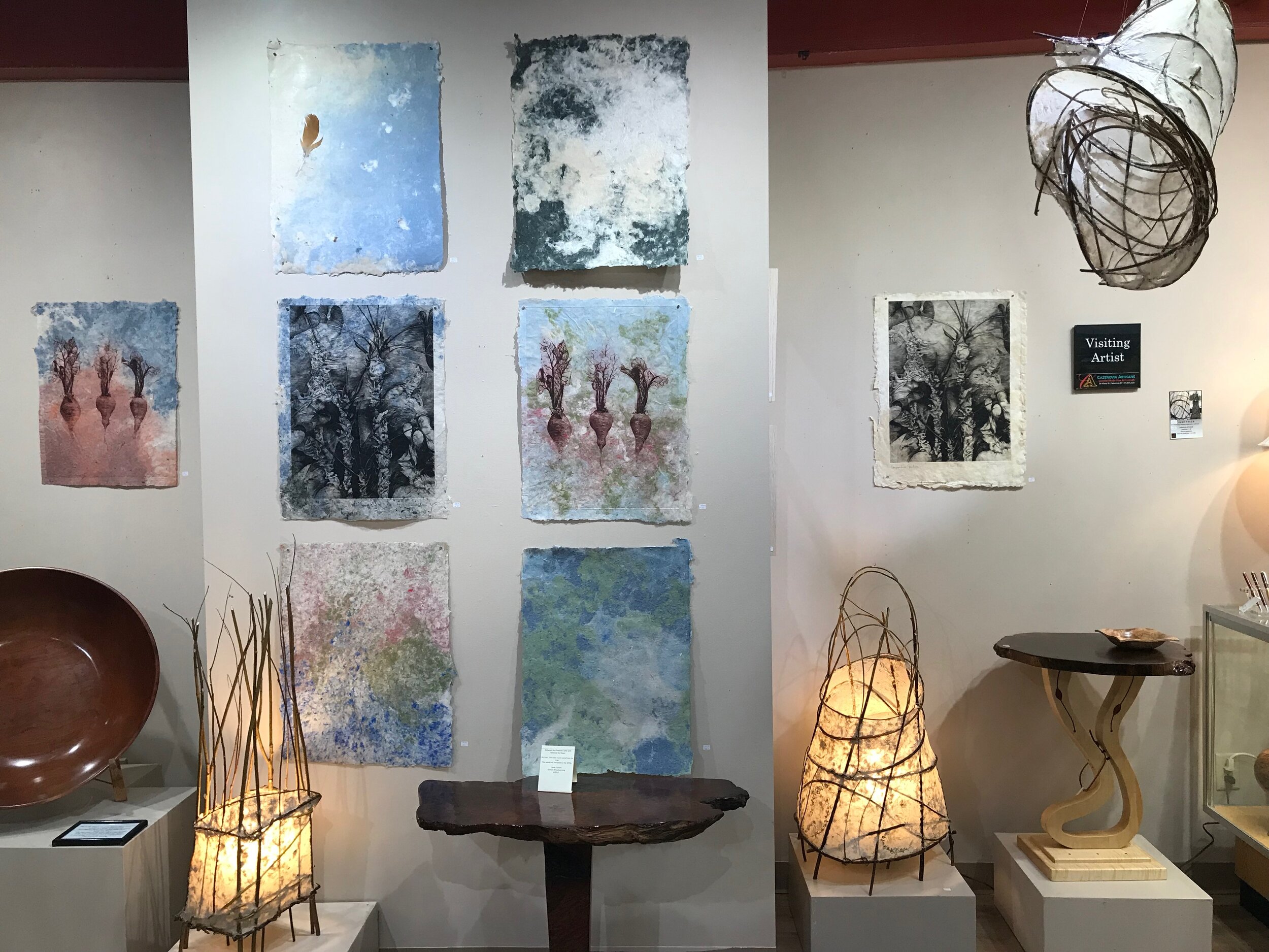 Exhibition at Artisan Gallery in Cazenovia, NY that includes my intaglio prints on my handmade paper and my luminaire with willow and handmade paper from Kozo (mulberry.)