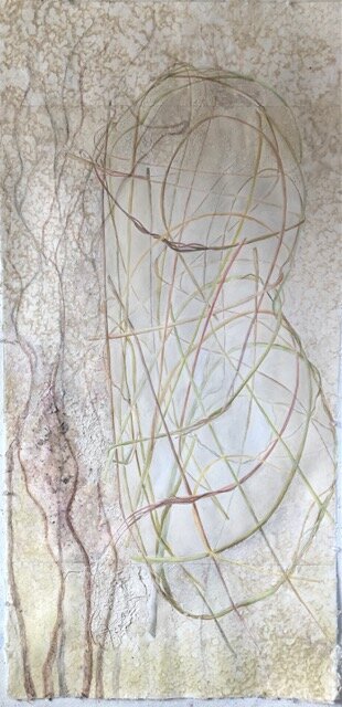 mixed media drawing with handmade paper and QoR watercolor, 2020, 45.5" x 22.5"