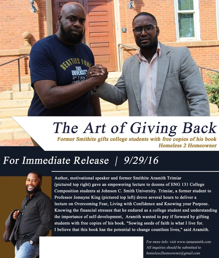 One of my former students Arimith Trimiar, author of "Homeless 2 Homeowner", drove more than 4 hours one way to return to JCSU to give back to a new generation of Smithites. He truly embodies all .that is #SmithMade.