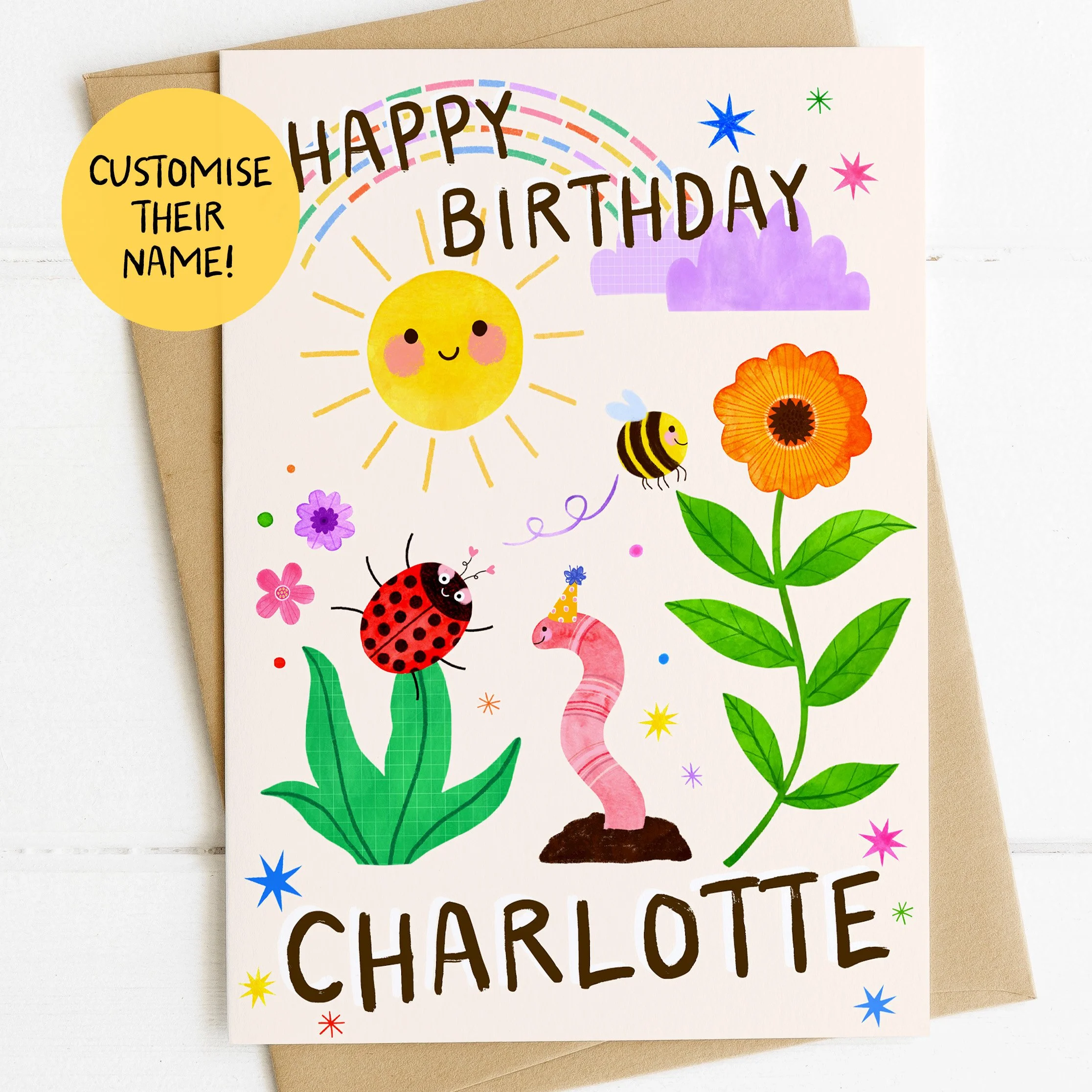 Childrens Personalised Name Card Bugs and Sun 2.jpg