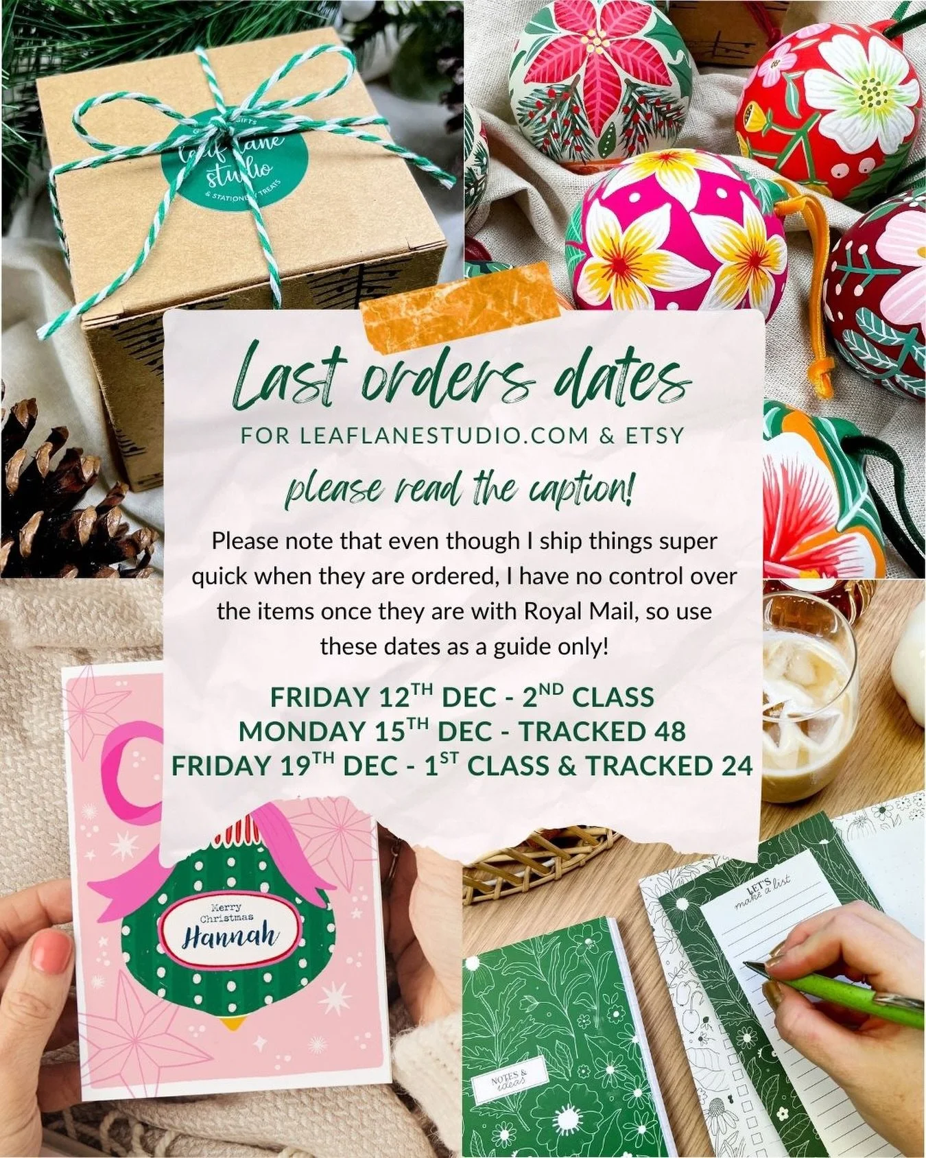 ✨ A little note about Christmas posting&hellip; ✨

As we head into the busiest time of year, here are my last recommended order dates for Christmas delivery🚚 

I&rsquo;ll always do my very best to dispatch your orders quickly, but Royal Mail&rsquo;s