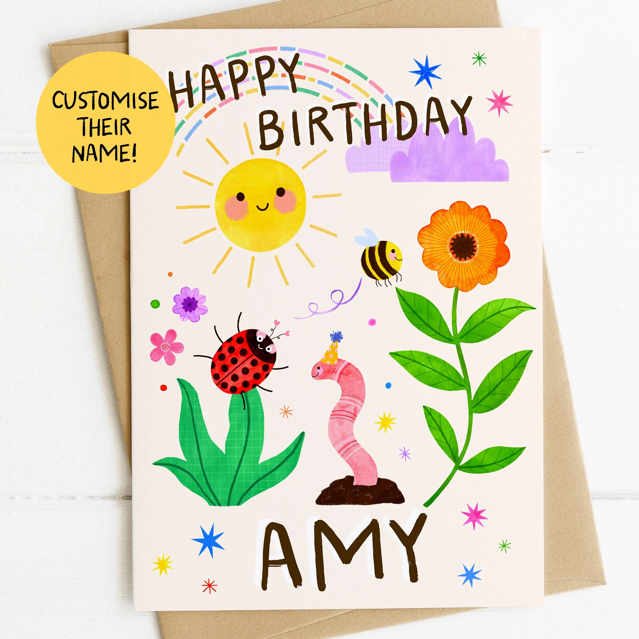 Childrens Personalised Name Card Bugs and Sun 1.jpg