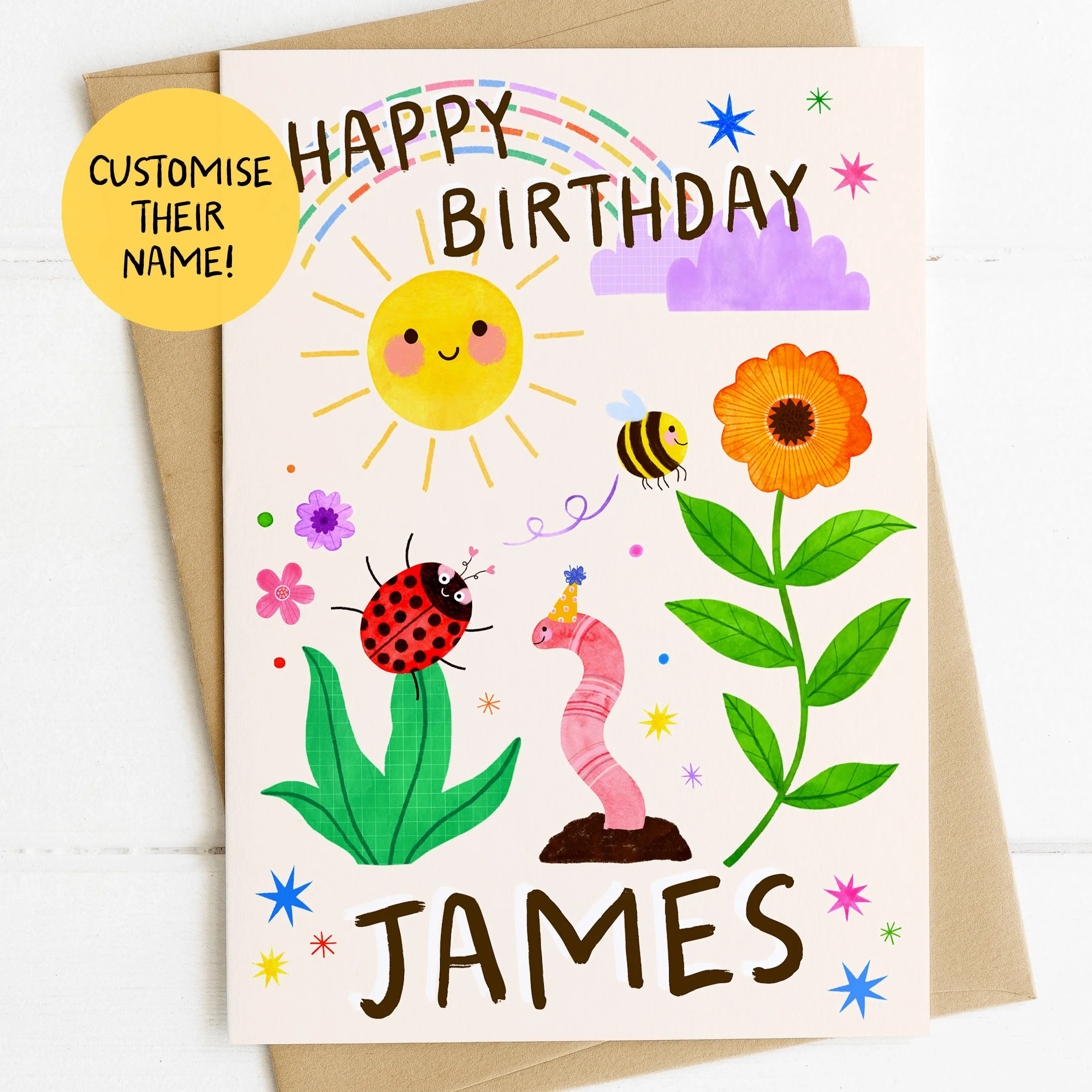 Childrens Personalised Name Card Bugs and Sun 3.jpg