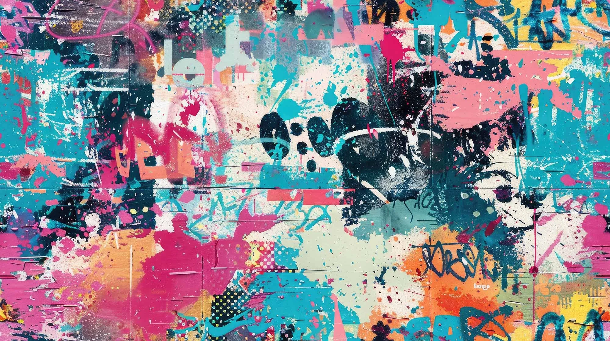 Colourful graffiti image with magneta, cyan blues, pinks, oranges and whites in mixed, layered spray paint style