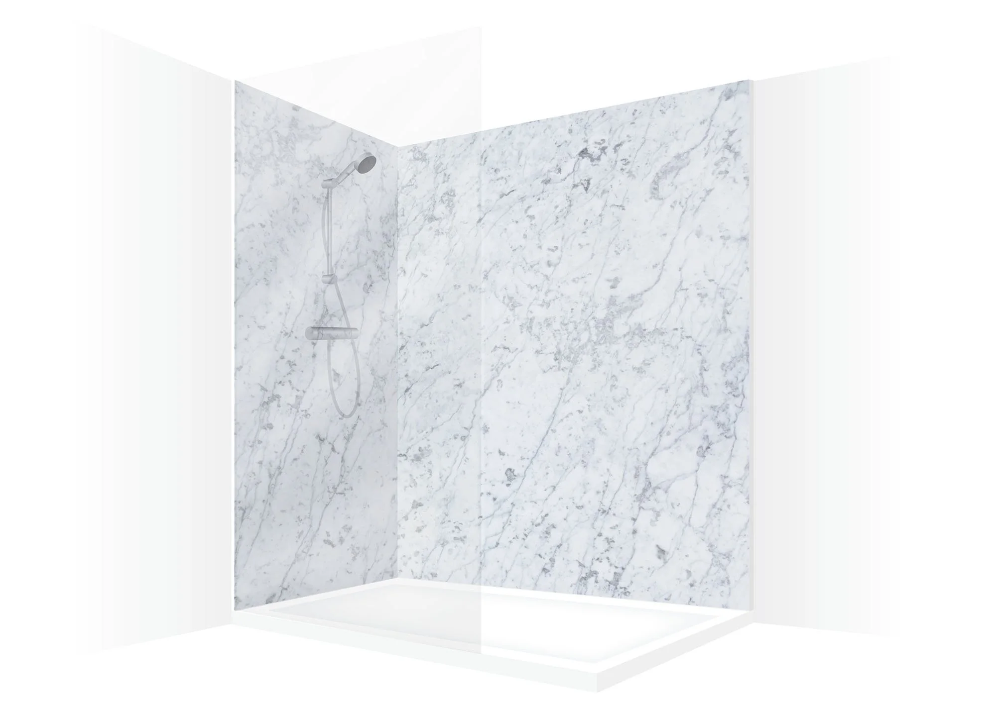 Visual of a corner shower with modern shower panel wall cladding with light grey marble design.