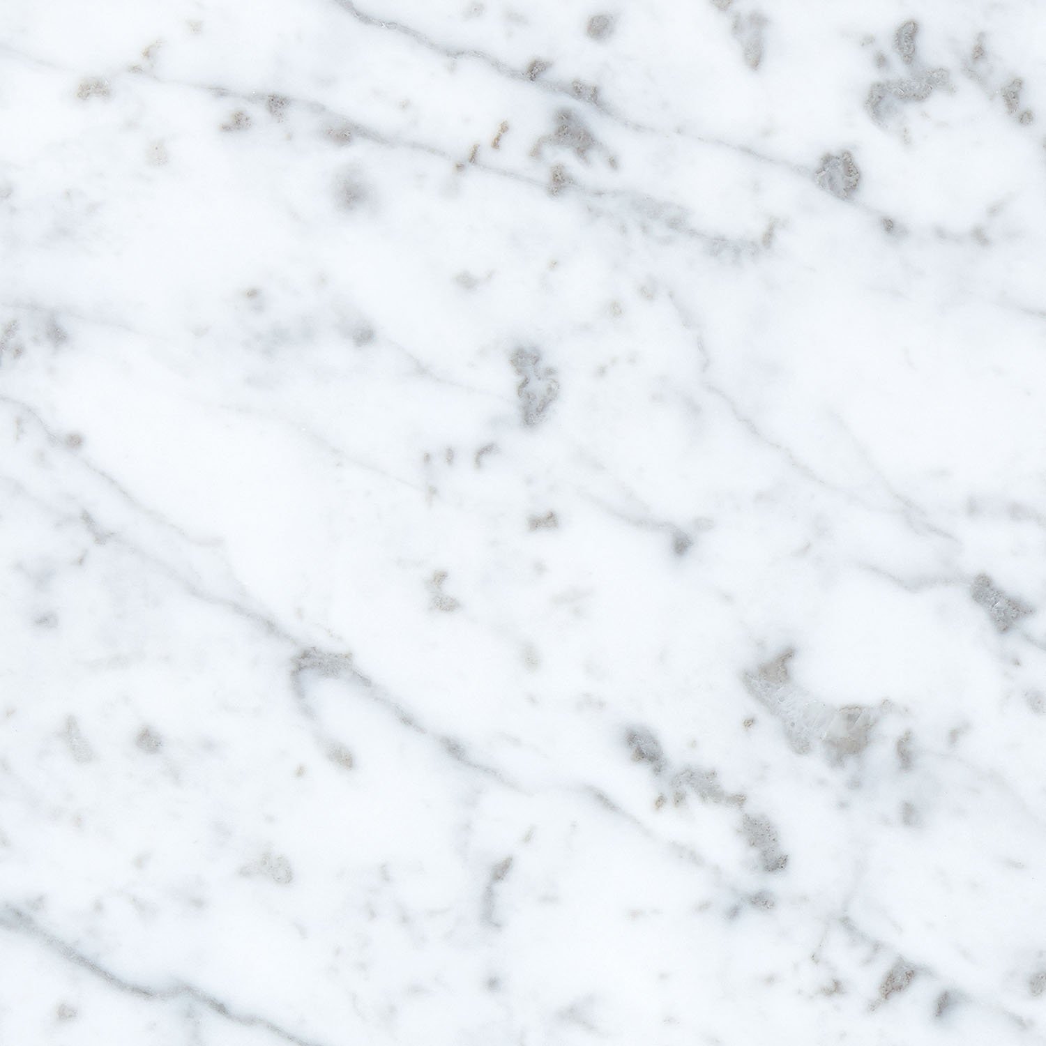 Close up detail of Carrara marble texture, light grey mineral background with fine grey veining and silvery mineral deposits.