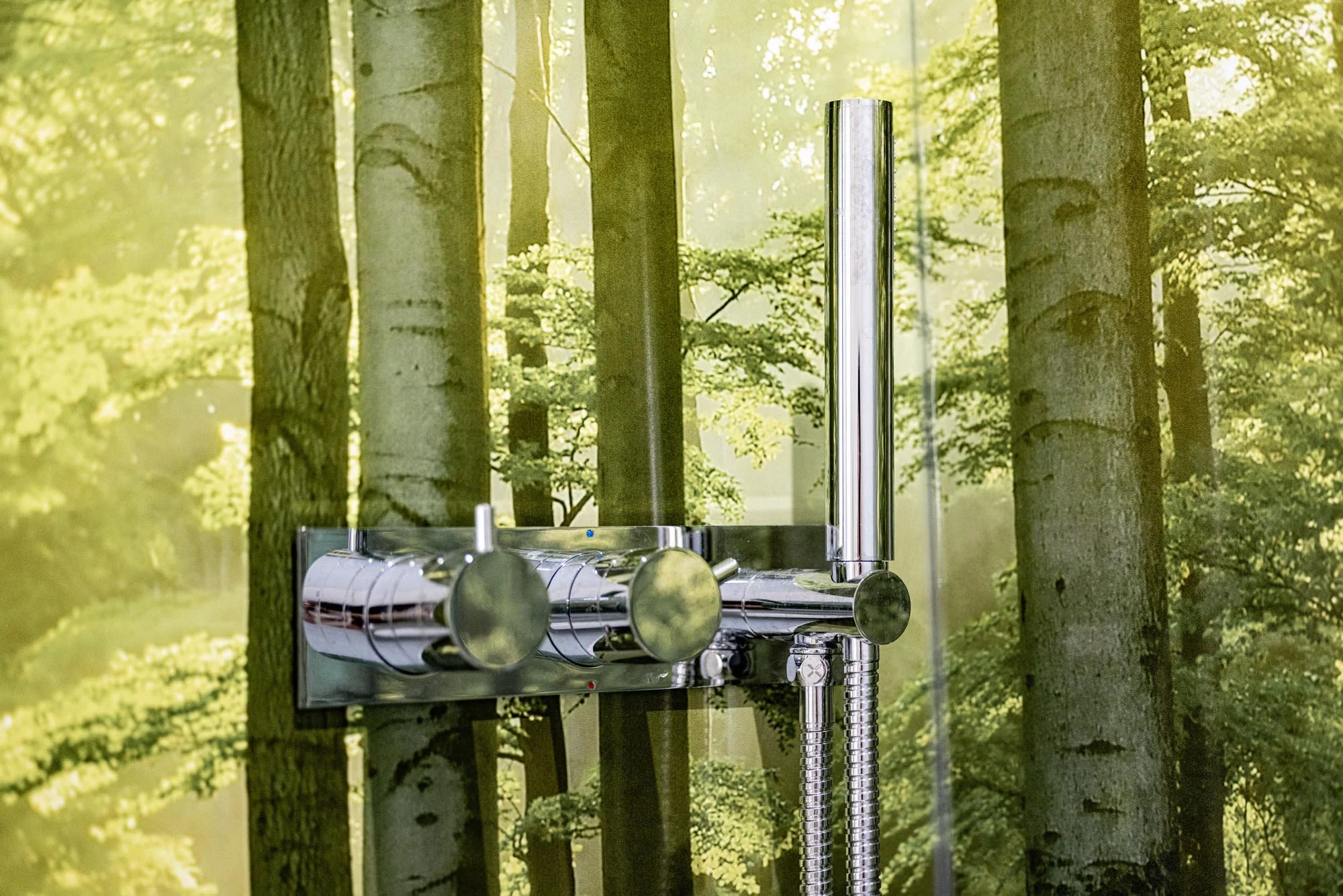 Morning Rays, woodland image shower panels, showing chrome shower controls fixed to wall image.