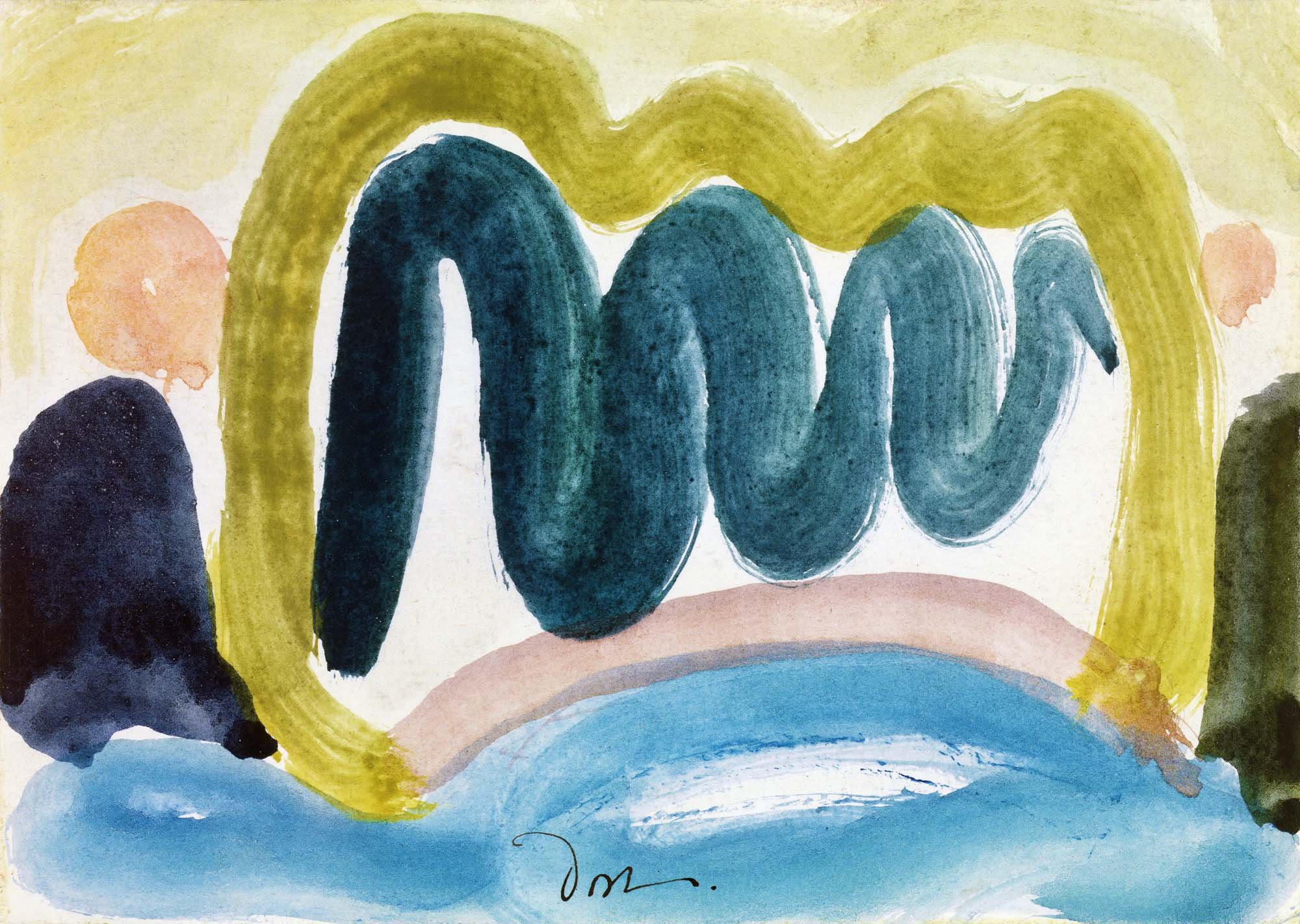 bstract art image for shower panels. Modern art style painting, abstract landscape by Arthur Dove, American artist. Bright blues, greens, wavy brush marks.