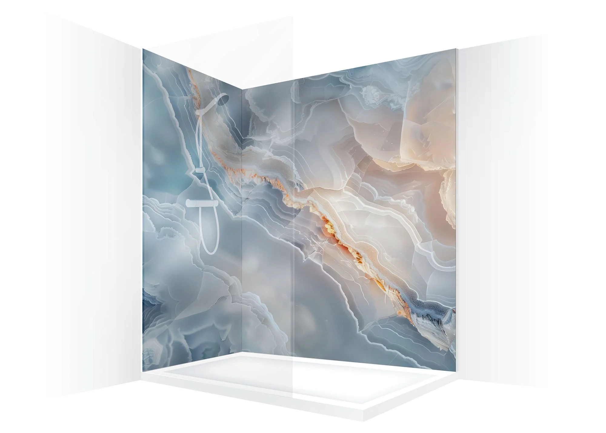 Visual of a typical corner shower layout with modern blue onyx mineral stone shower wall panels wrapping around 2 walls.