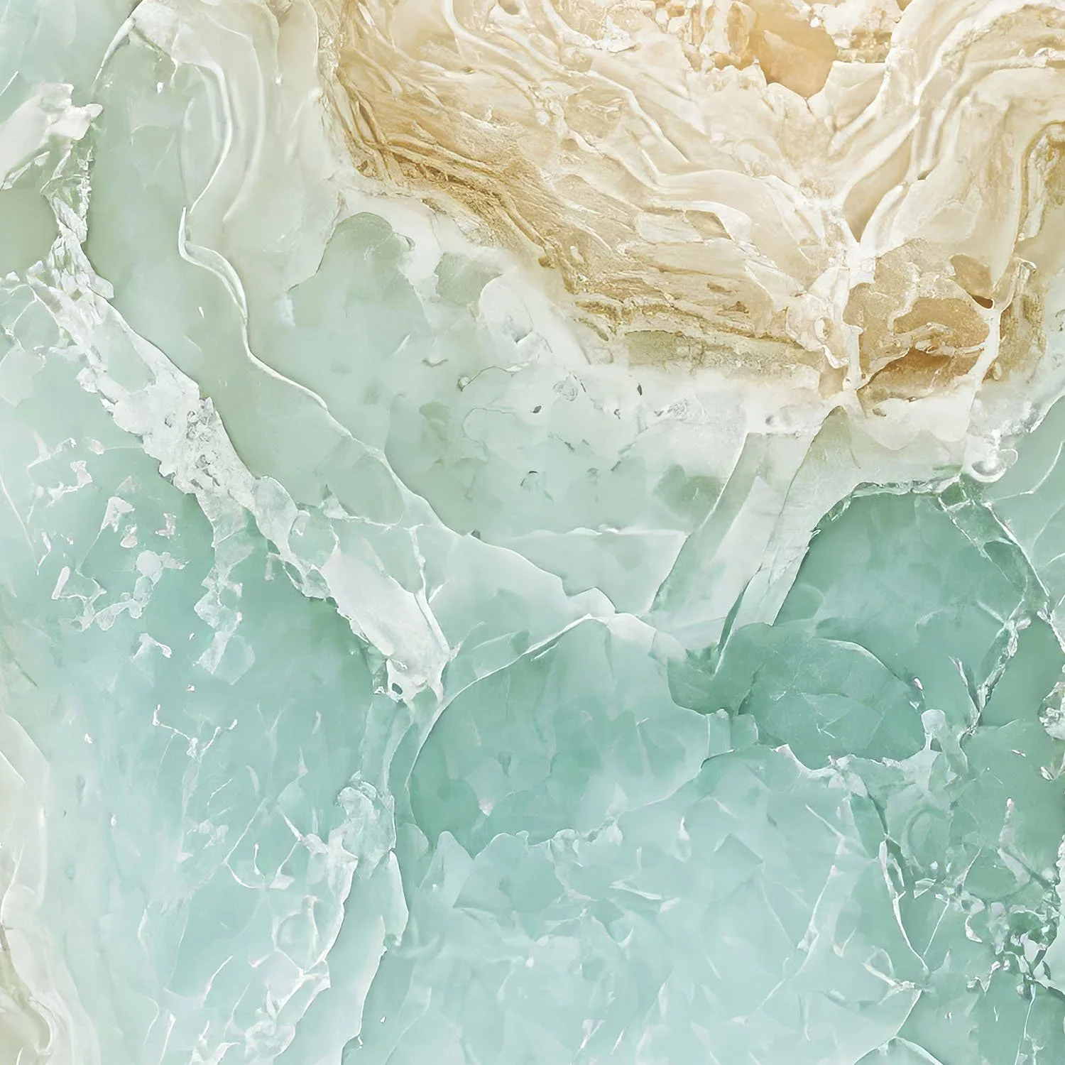 Detail image of glassy, layered cracked mineral stone surface for high resolution printed shower panels.