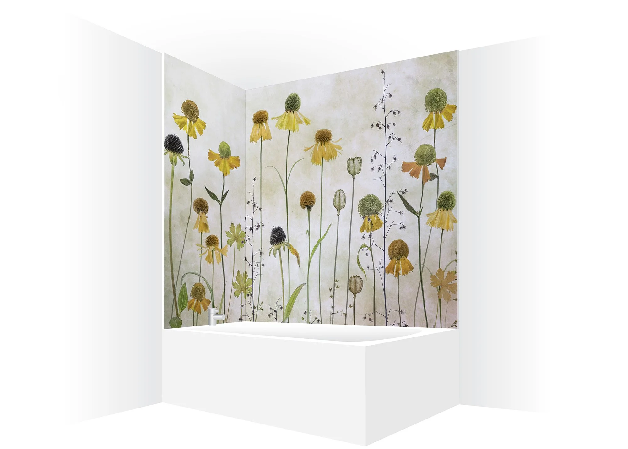 Above bath corner shower panels with light natural tones and photography of yellow flower heads