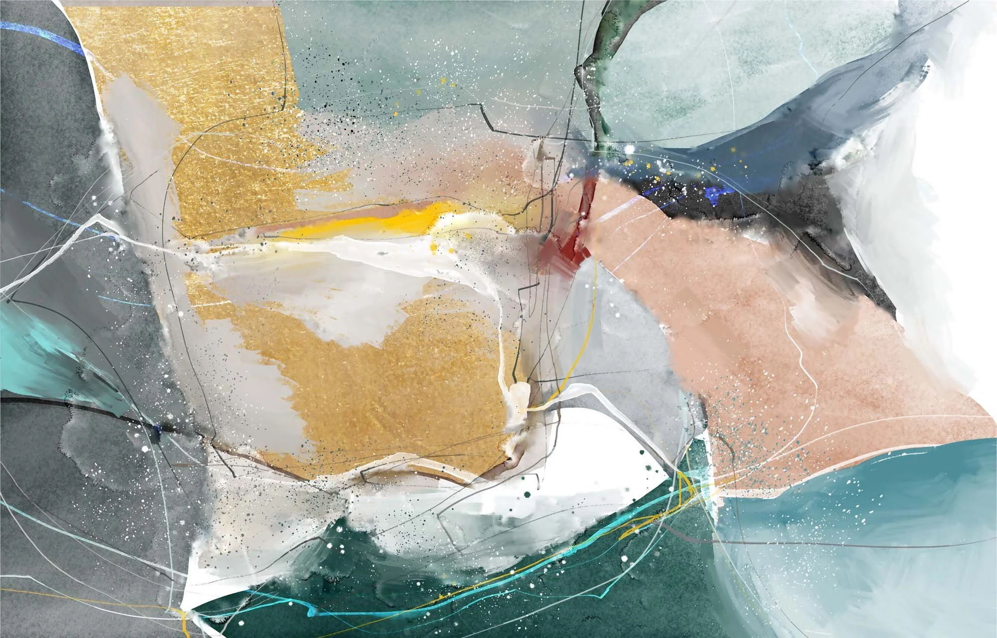 Abstract art image for shower panels. Modern art style painting, natural muted colours, stylish contemporary art for the bathroom theme. Splashes of paint, gold yellows, greens, browns, dark grey.