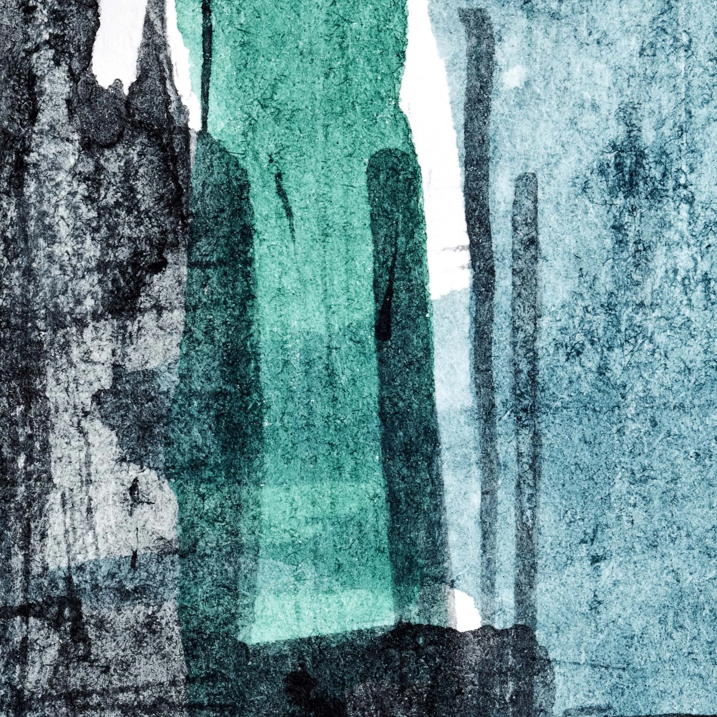 Detail close-up crop of abstract art painting, showing Watercolour, ink brush strokes and high resolution details.