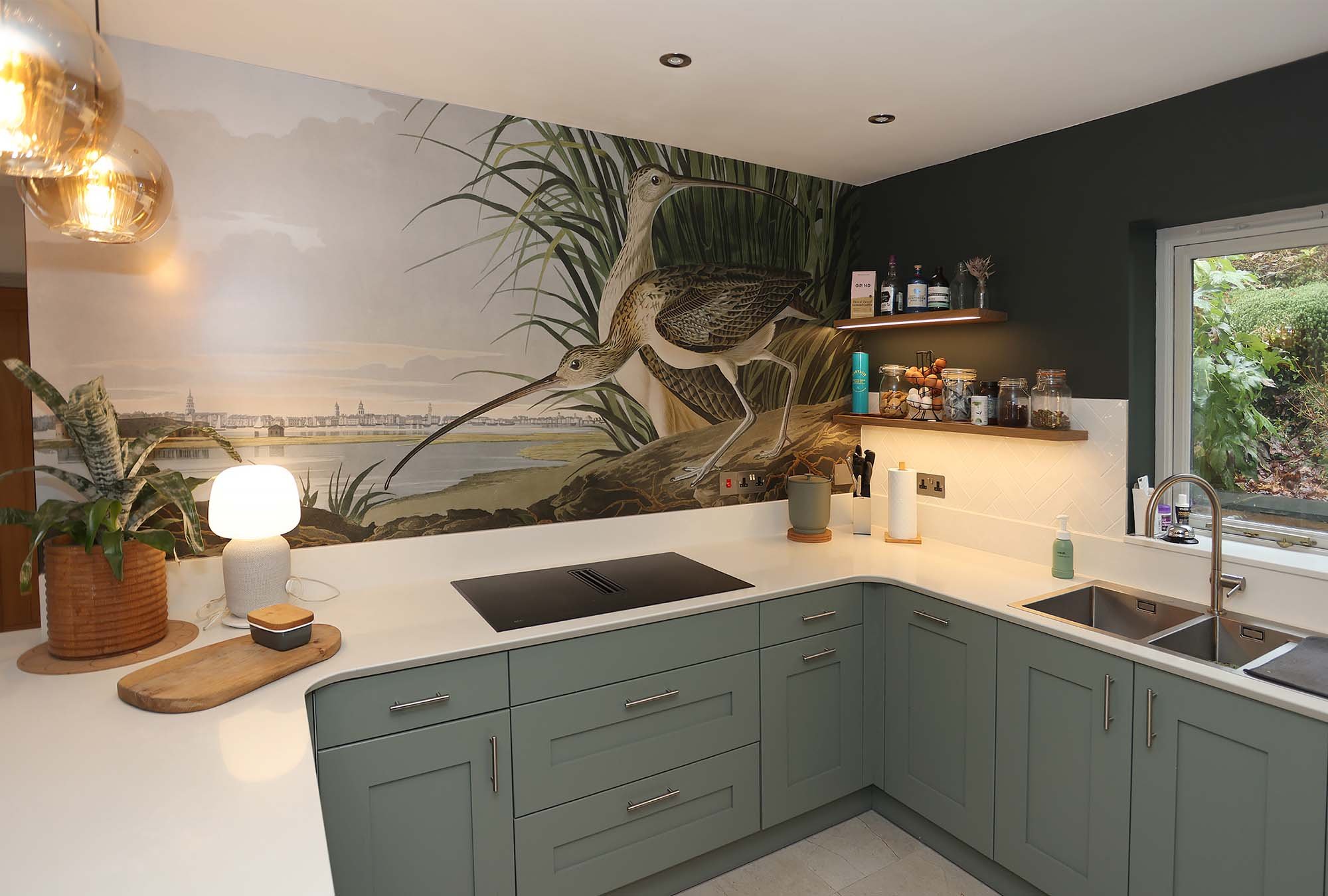 Audubon Curlew art print installed in a modern home kitchen, very large format feature wall kitchen splashback.