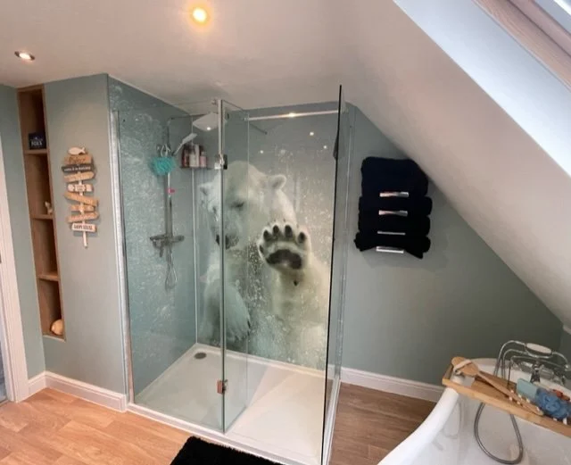 Family bathroom with underwater Polar Bear image shower panel installed in a corner shower area. Colour matched light grey walls.