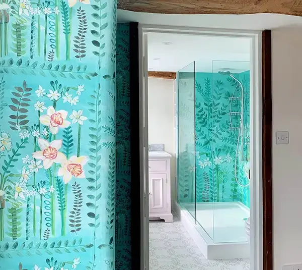 Calm and serene bathroom, matching shower panel and wallpaper design featuring a Hand painted illustration design