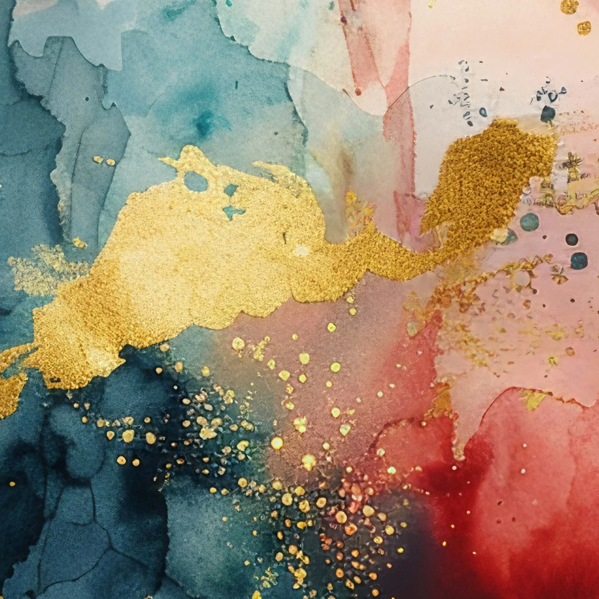 Detail close-up crop of abstract art painting, showing watercolour paint markings, gold shimmer effect and high resolution details.