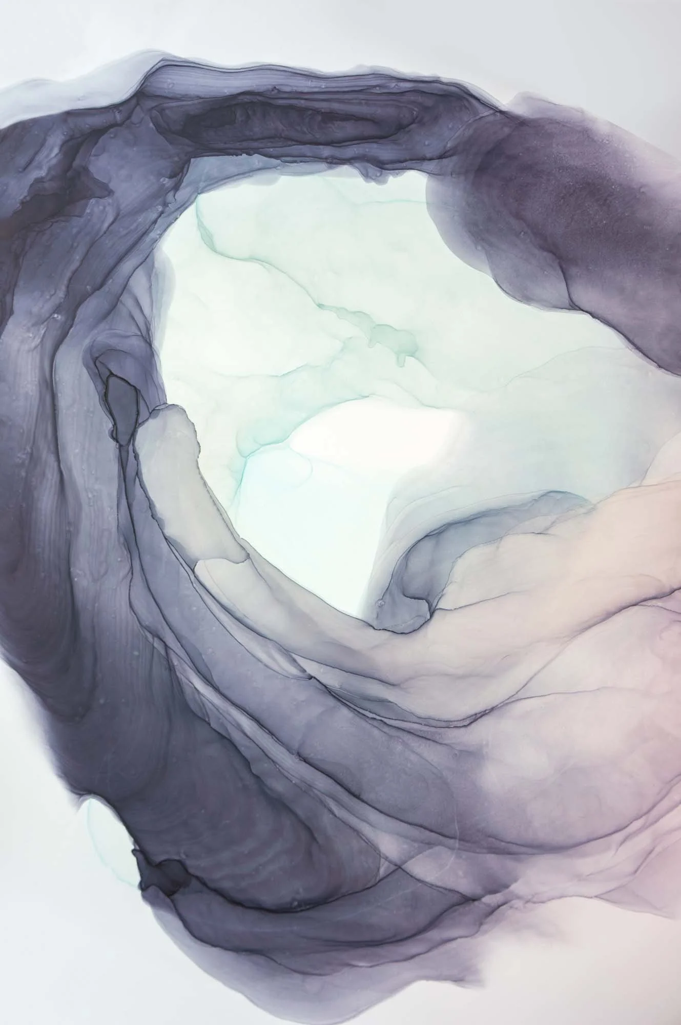 Abstract art image for shower panels. Modern soft image, natural muted colours, light jade green, deep purples and greys. Flowing, swirling, organic, fluid shapes.