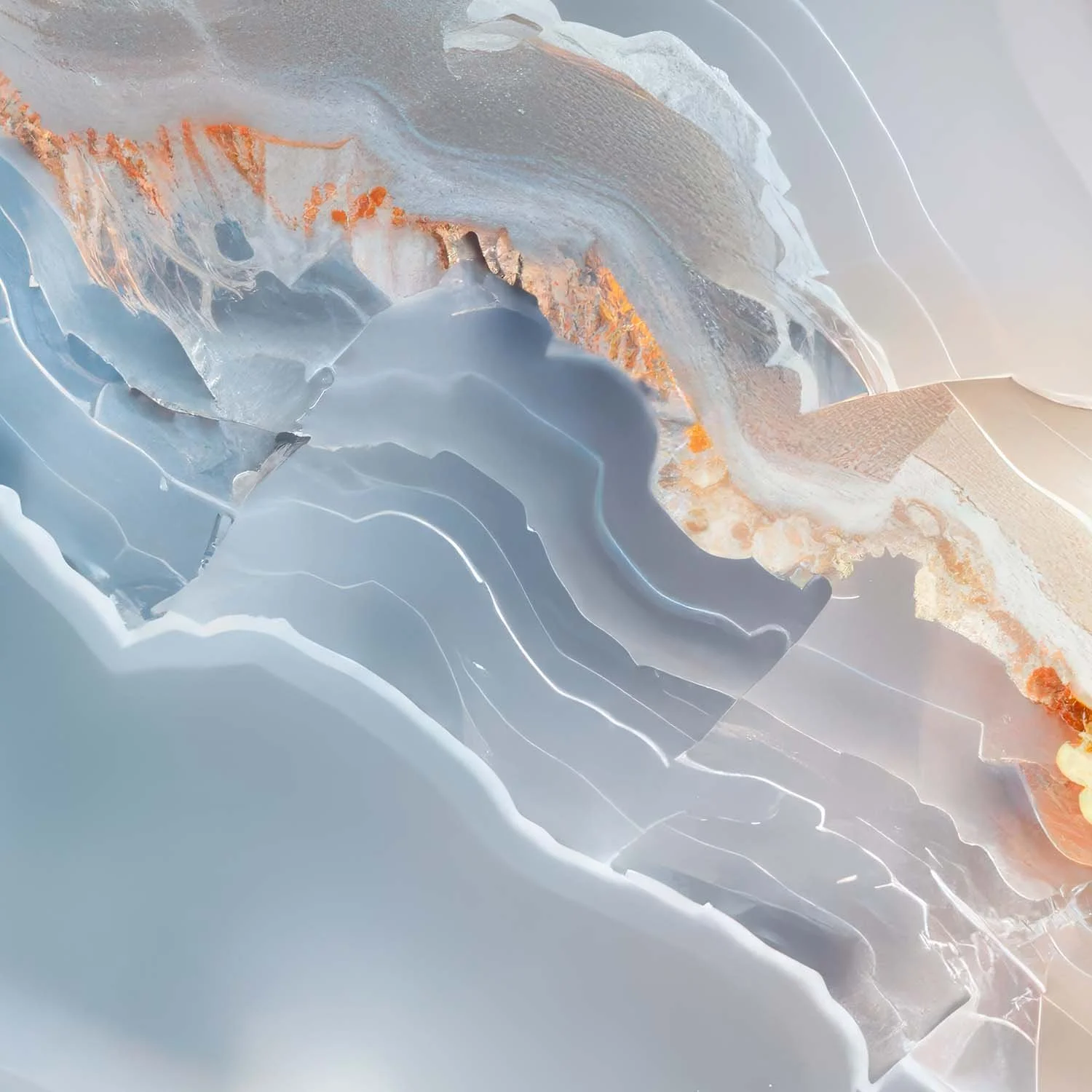 Detial close up image of layered onyx mineral stone. Blue and gold veining with sharp glass-like edges.
