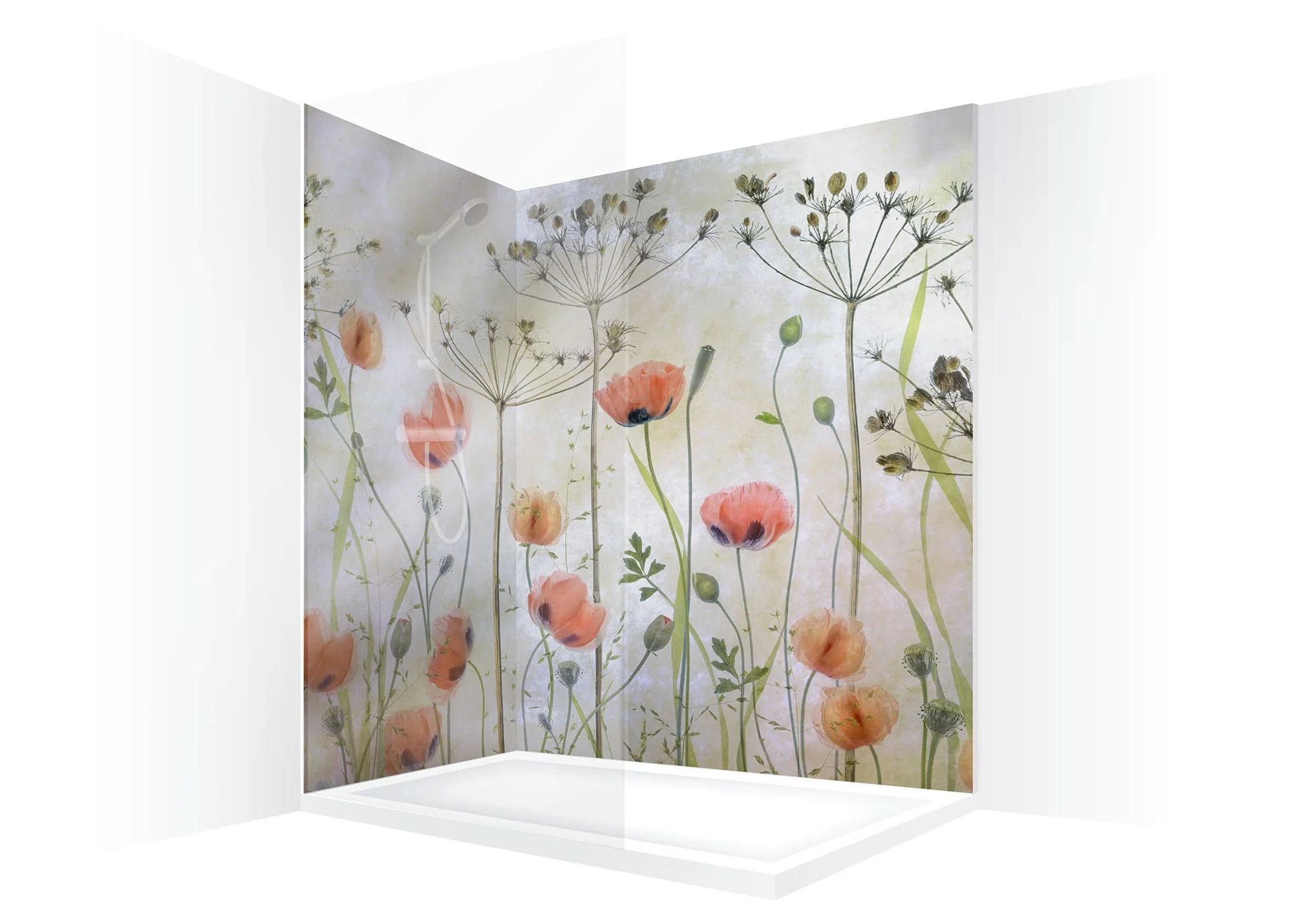 2-panel corner shower panels with art photography of red-pink poppy meadow