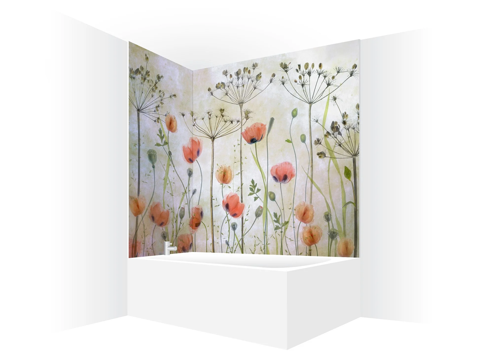 Above bath corner shower panels with art photography of red-pink poppy meadow
