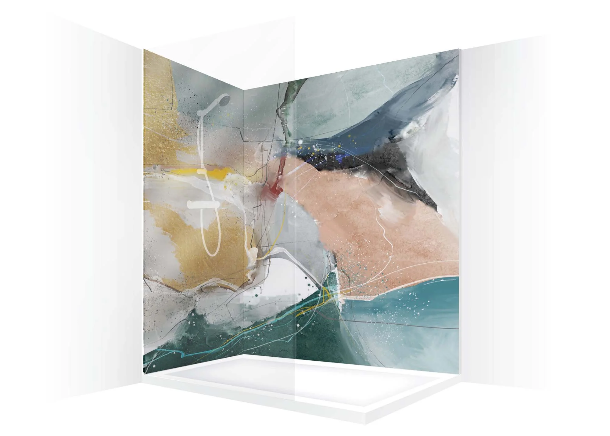 Shower feature wall visual showing abstract art shower panels. Walk-in shower wrap-around seamless image.