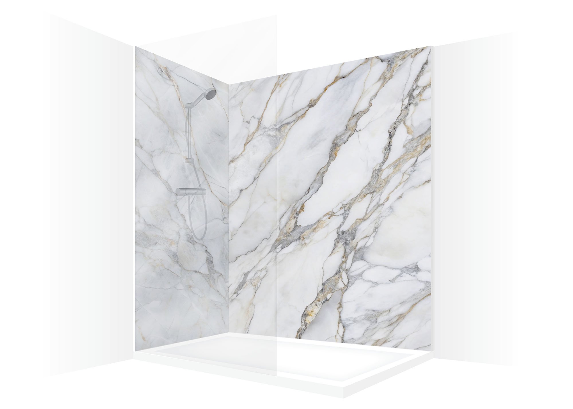 Visual of Calacatta Marble shower wall panels in a typical corner shower design.
