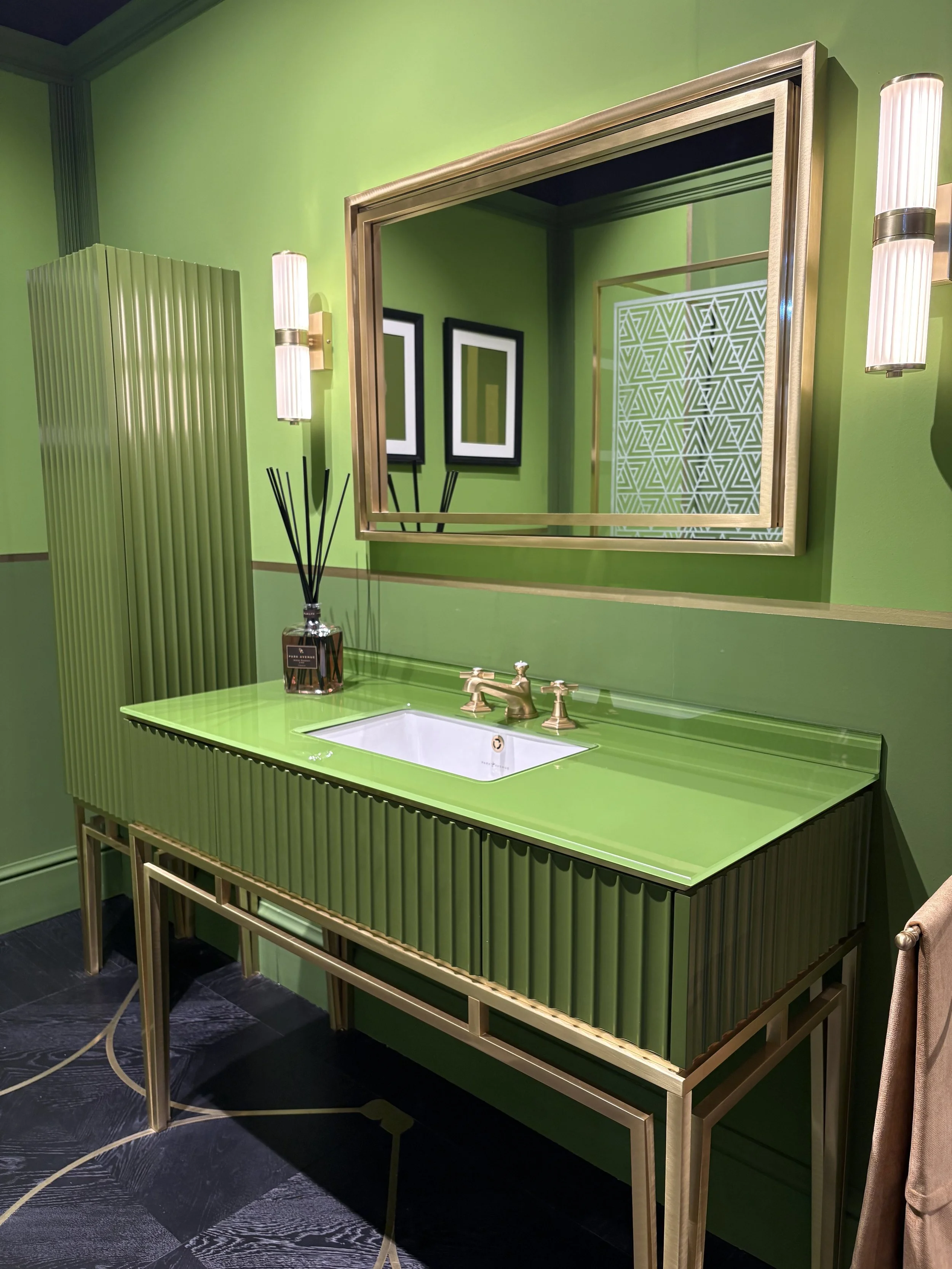 green and brass bathroom cabinetry, bespoke luxury bathroom design with bold green Art Deco influenced design