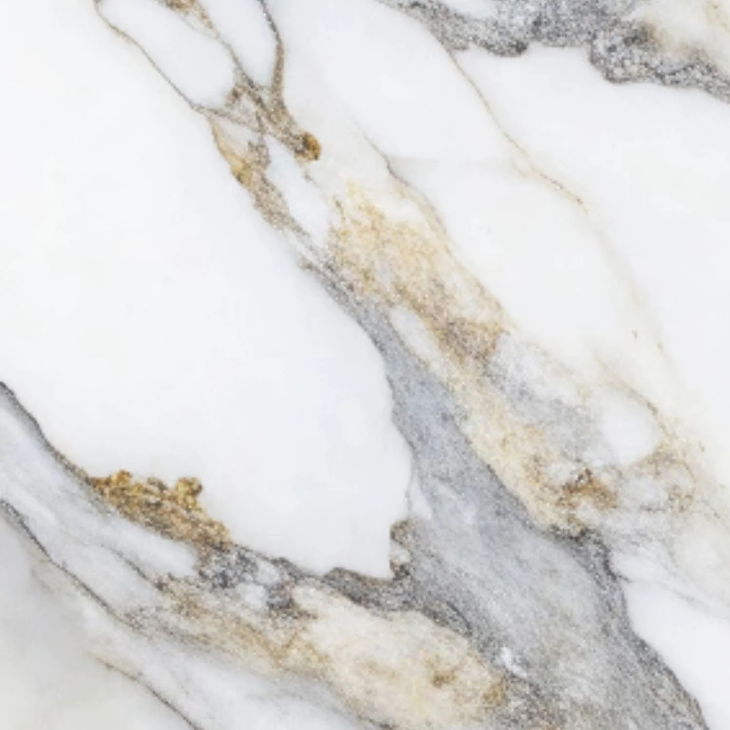 Close up detail of Calacatta light marble with bold grey and gold toned mineral veining.