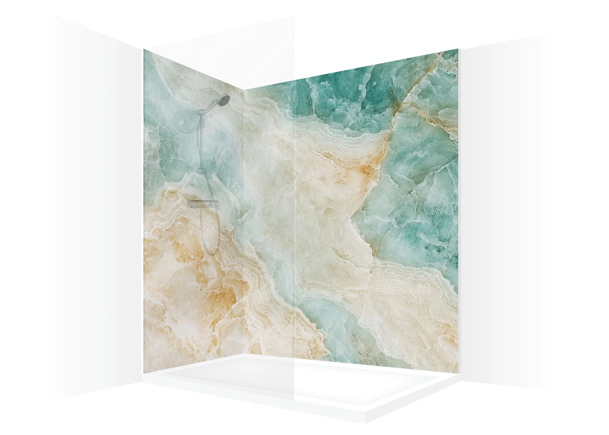 Visual of a modern shower with aquamarine green and sandy yellows onyx mineral texture shower wall panels.
