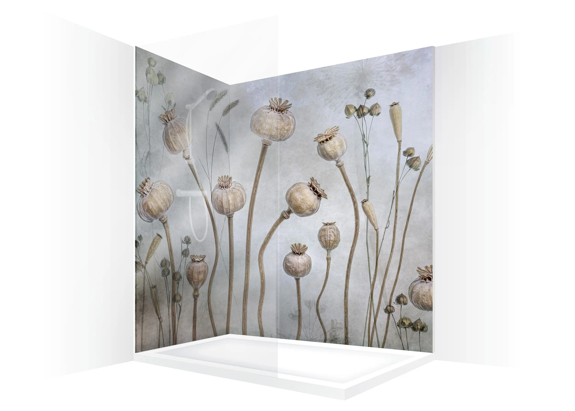 2-panel shower visual of a corner shower panels with light blue-grey photography of dried Papaver poppy heads