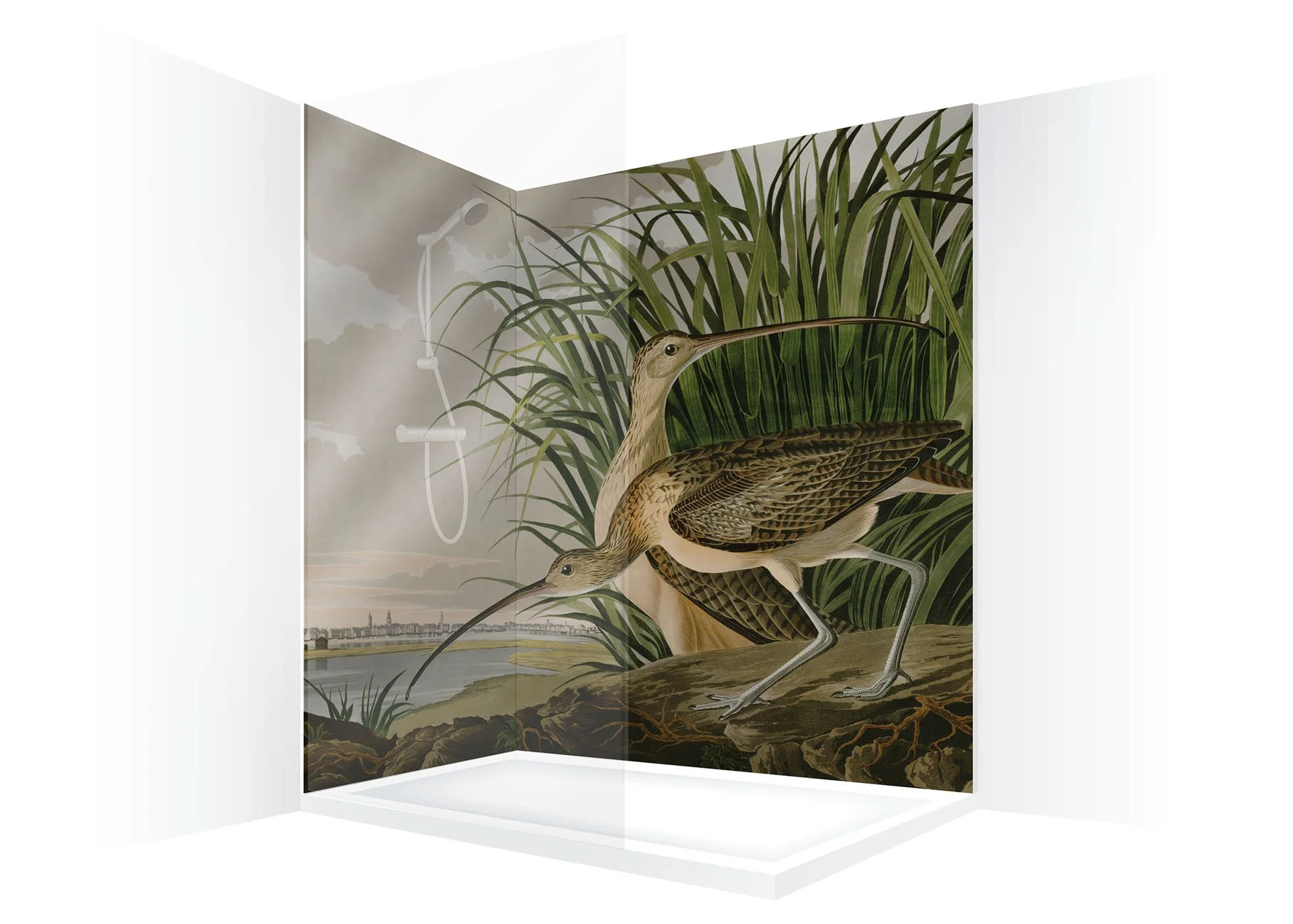 Visual of Curlew art print shower wall panels arranged in an L-shape shower enclosure.