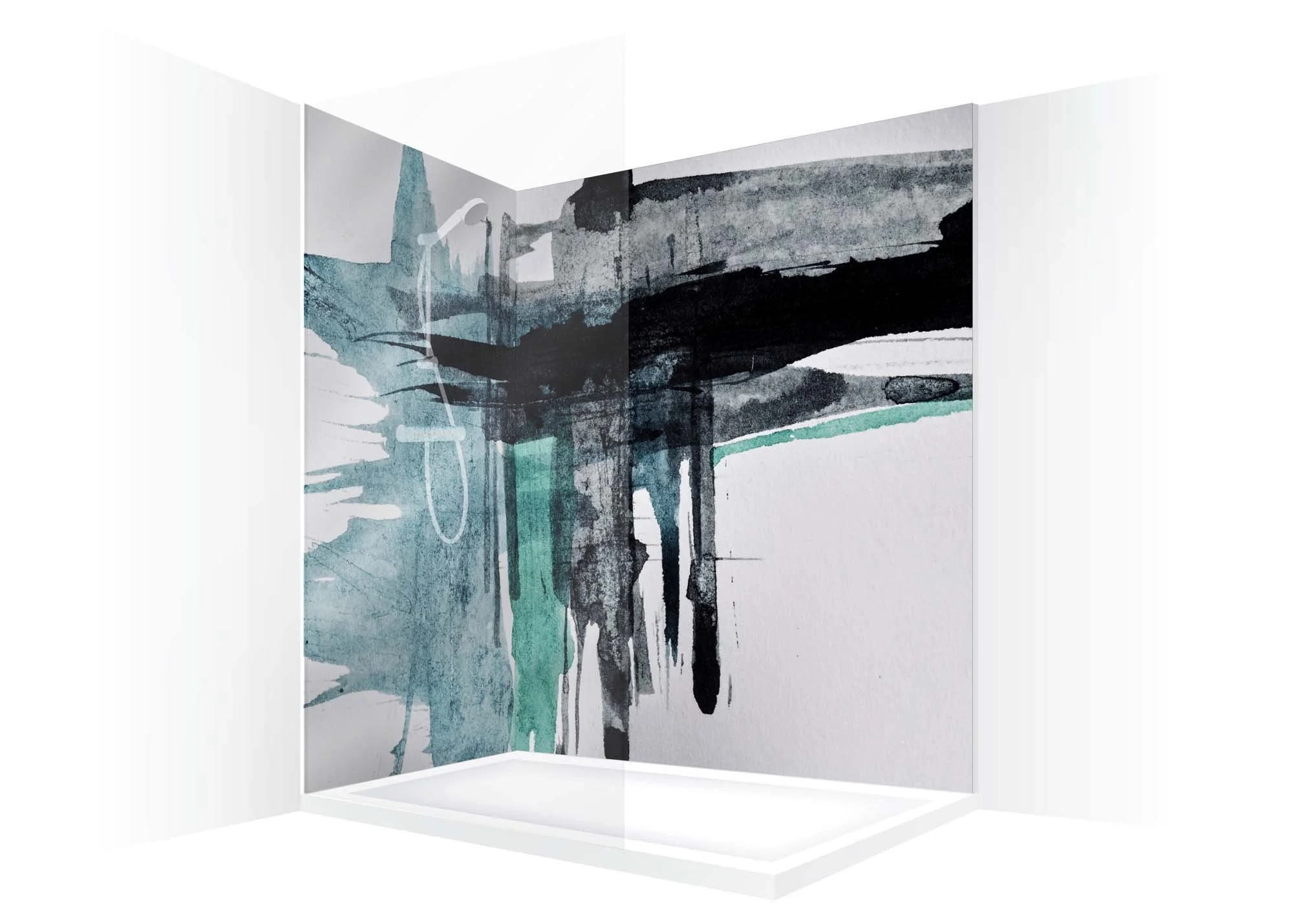 Shower feature wall visual showing abstract art shower panels. Walk-in shower wrap-around seamless image.