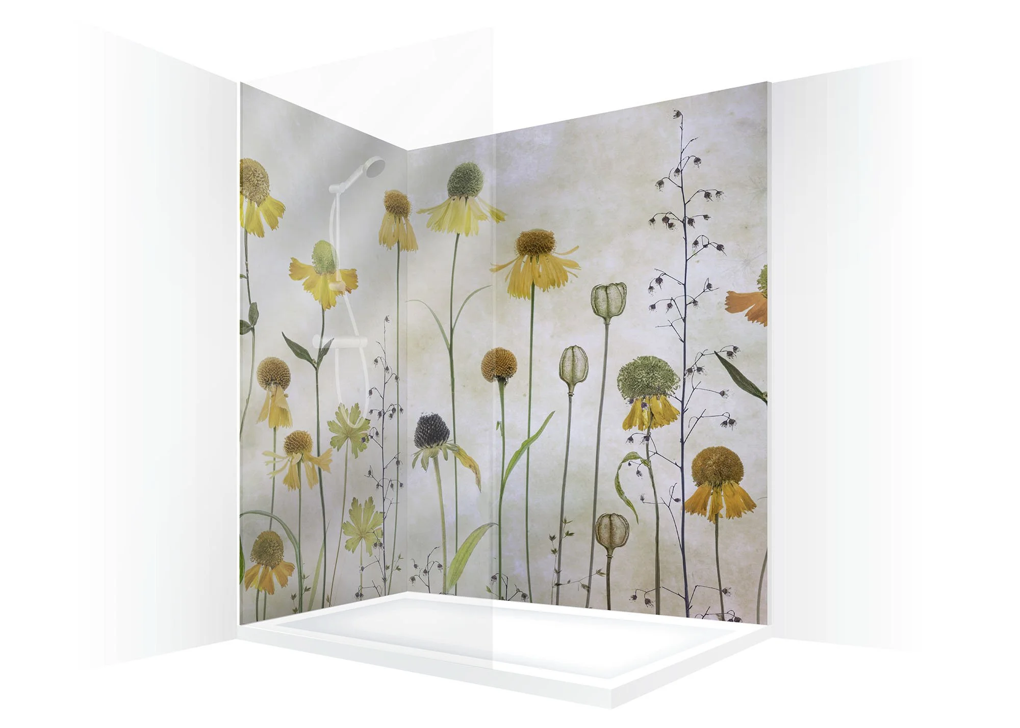 2-panel shower visual of a corner shower panels with light natural tones and photography of yellow flower heads