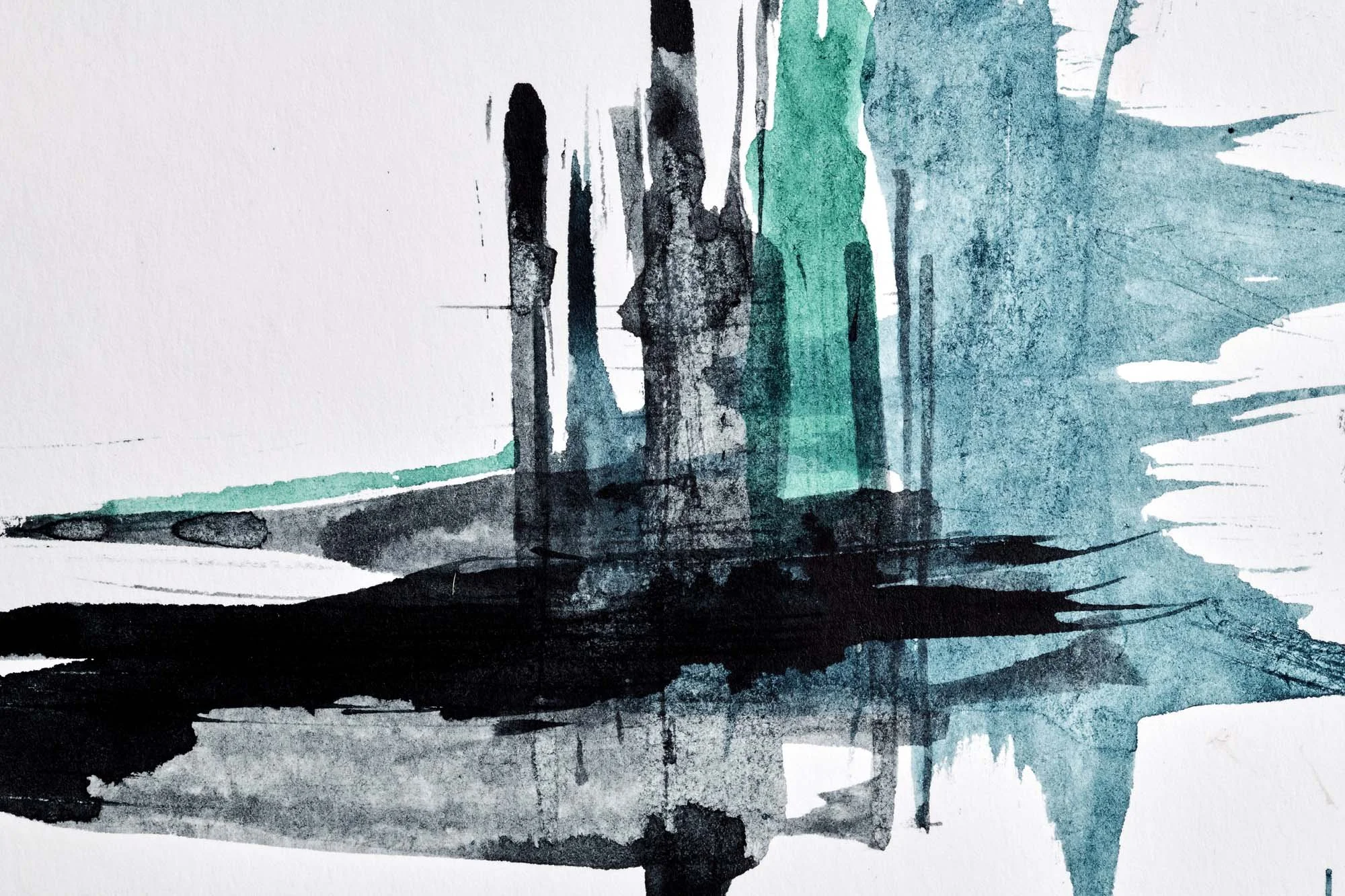 Abstract art image for shower panels. Ink marks, dramatic design, light grey background. Light blue, teal green and black ink, vertical and horizontal brush marks