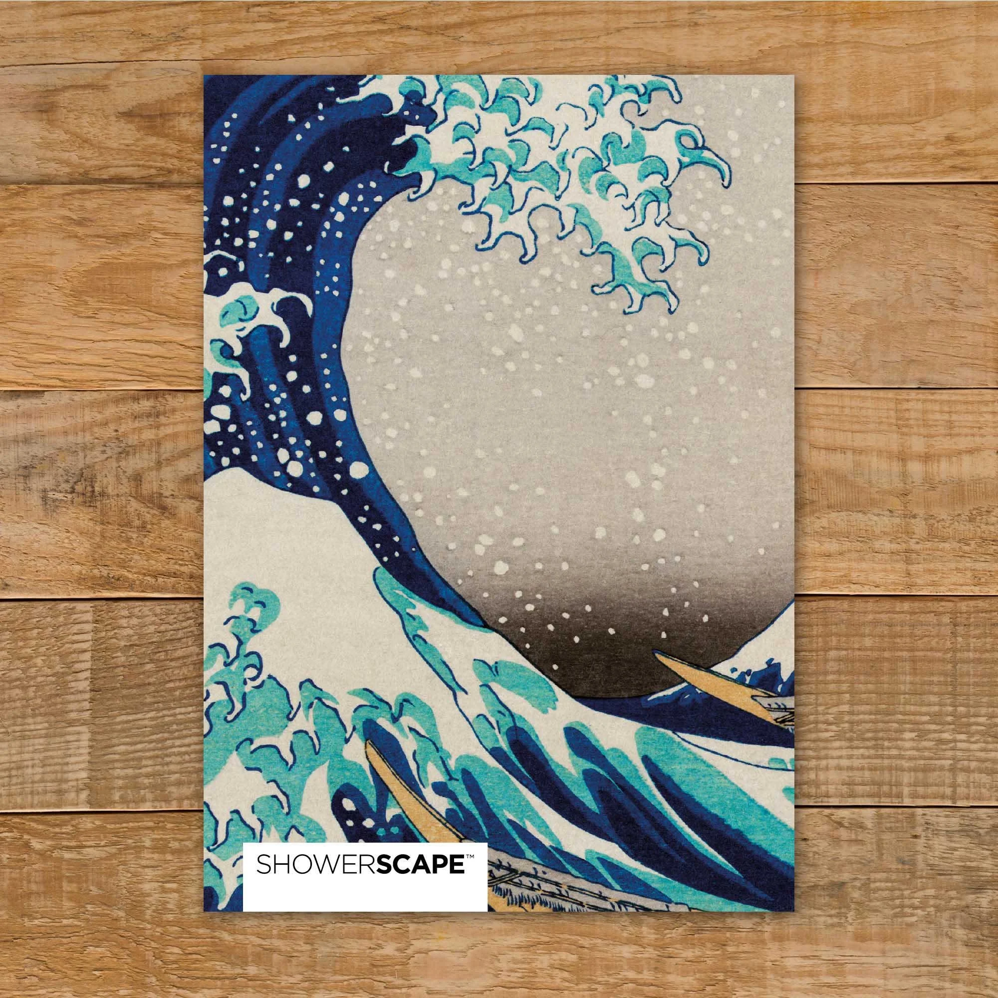 Showerscape composite shower panel sample with a section of the famous Japanese art 'The Great Wave' woodblock print
