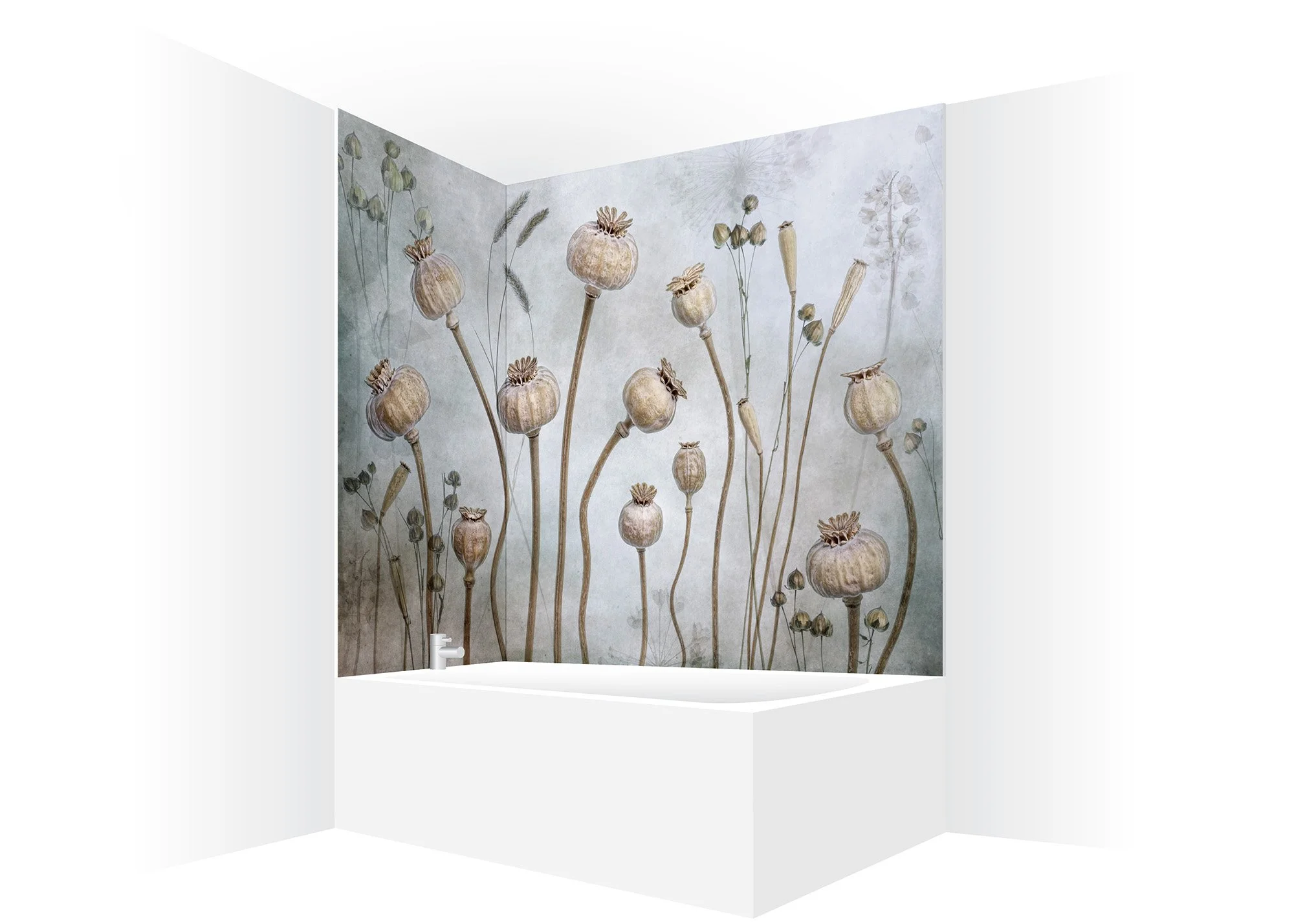 Above bath corner shower panels with Light blue-grey art photography of dried seed heads