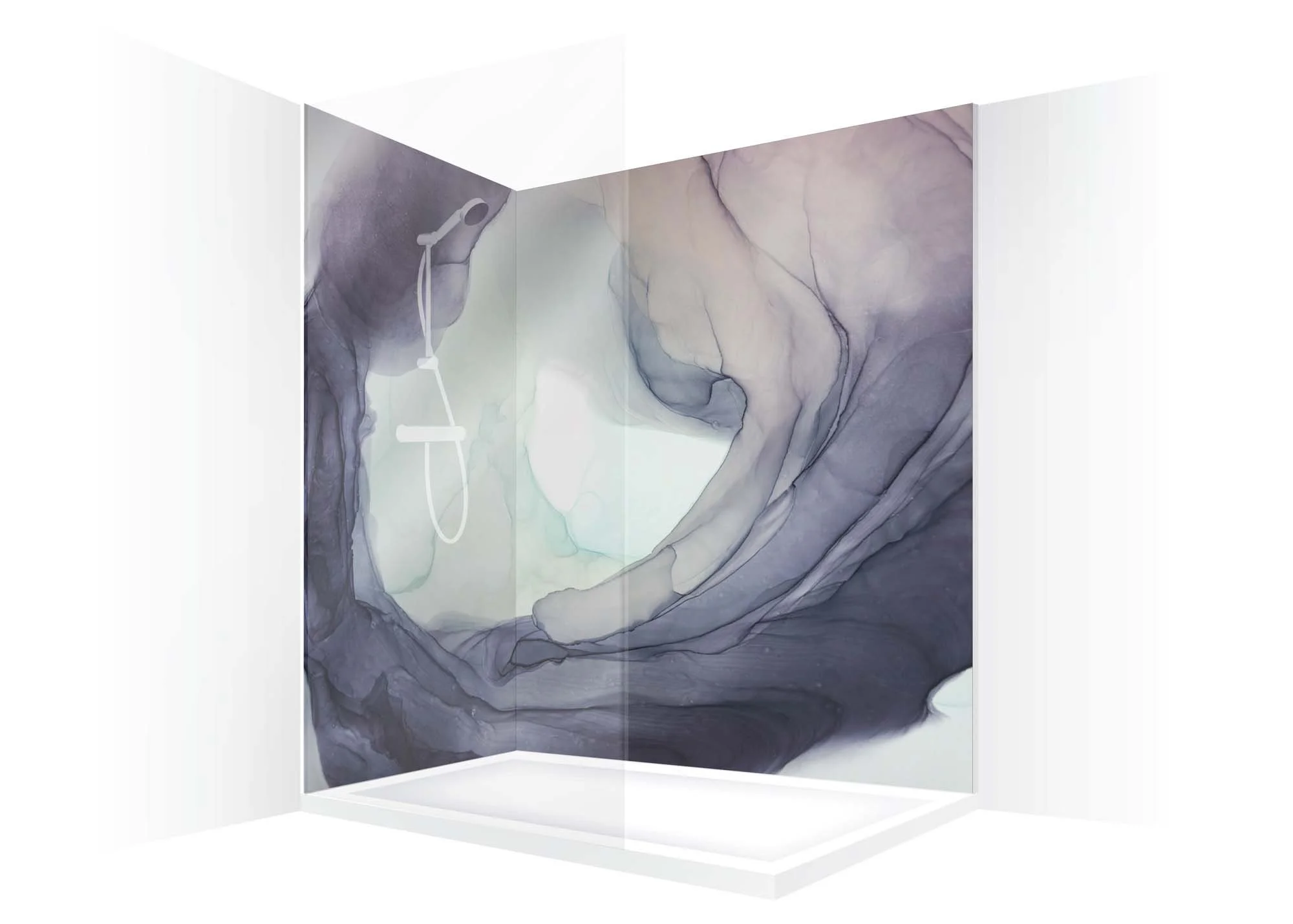 Shower feature wall visual showing abstract art shower panels. Walk-in shower wrap-around seamless image. Soft colours and shapes.