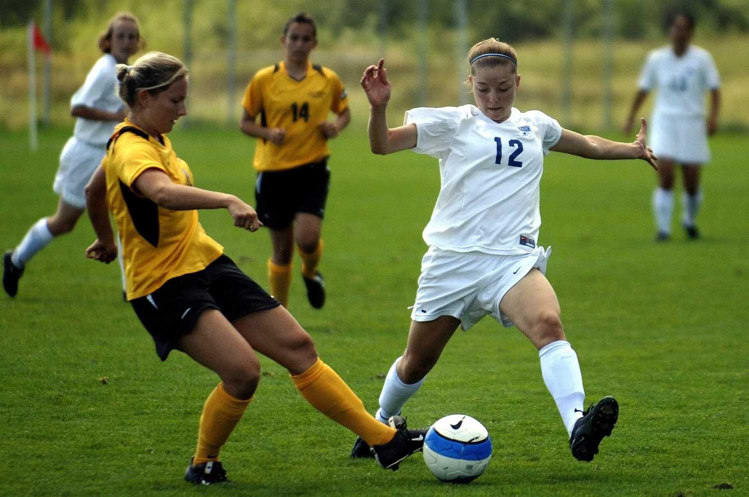 Players competing for the ball during a match.