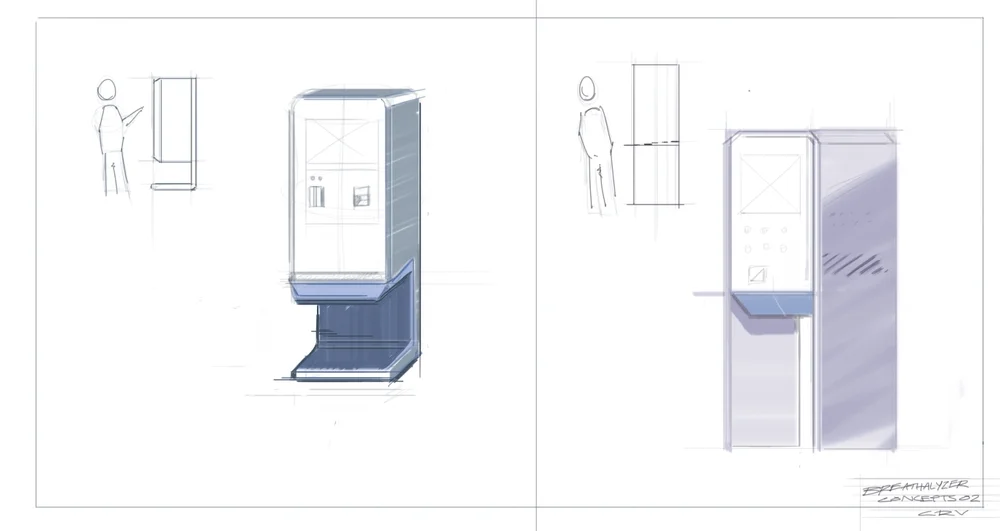 Sketches of a kiosk next to human figures for scale