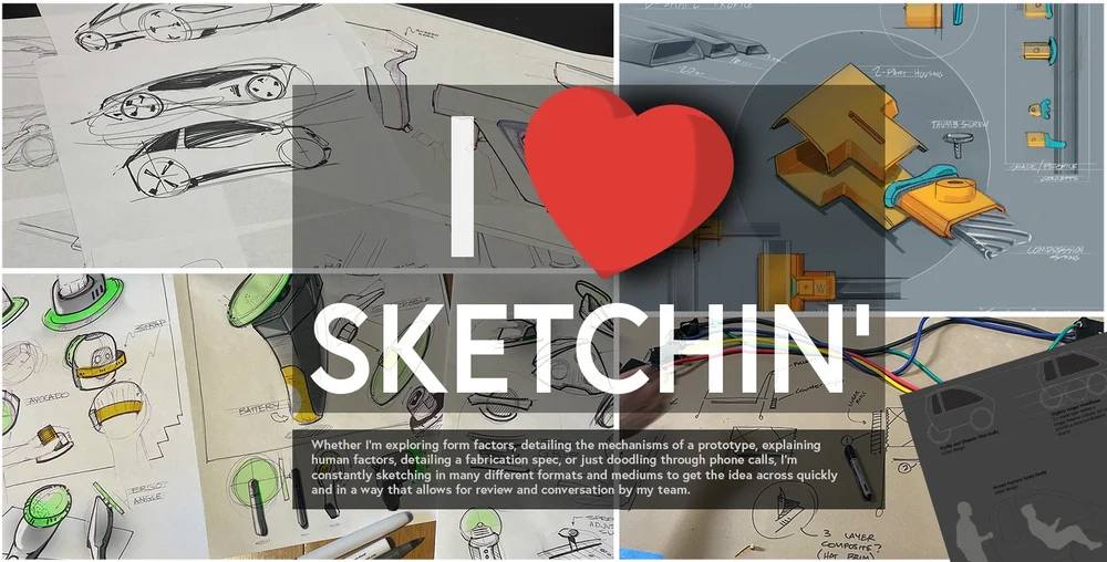 Collage of Corey's sketches: "I love sketchin'"