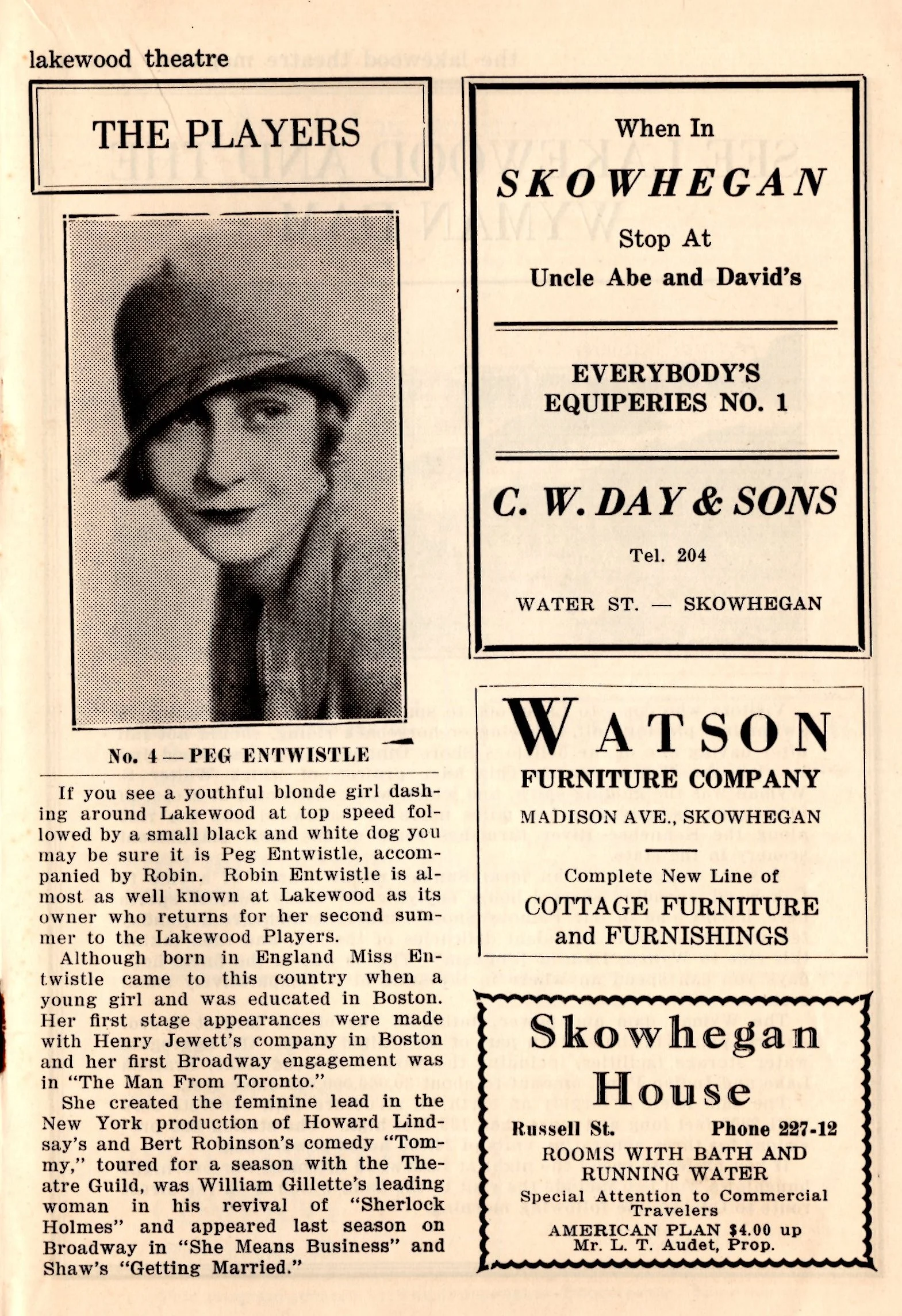 A picture of Peg in a 1931 playbill, describing her "dashing around Lakewood at top speed" with her beloved dog Robin.