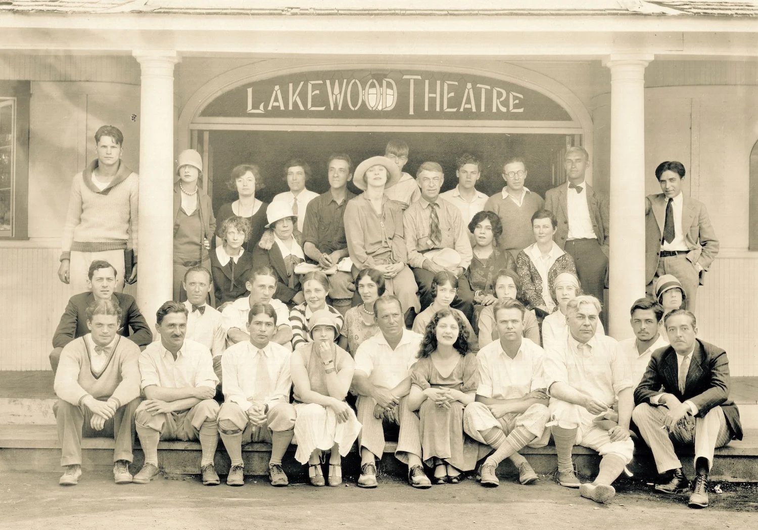 Warren Hymer (standing third row, left, leaning against the pillar) with the 1926 Lakewood Stock Company. Note the book in Warren's left hand; he would have been a 20-year-old Yale student, summering with his family at Lakewood when this photograph was taken. Warren's father, playwright John Bard Hymer, is seated fifth from the left in the front row.