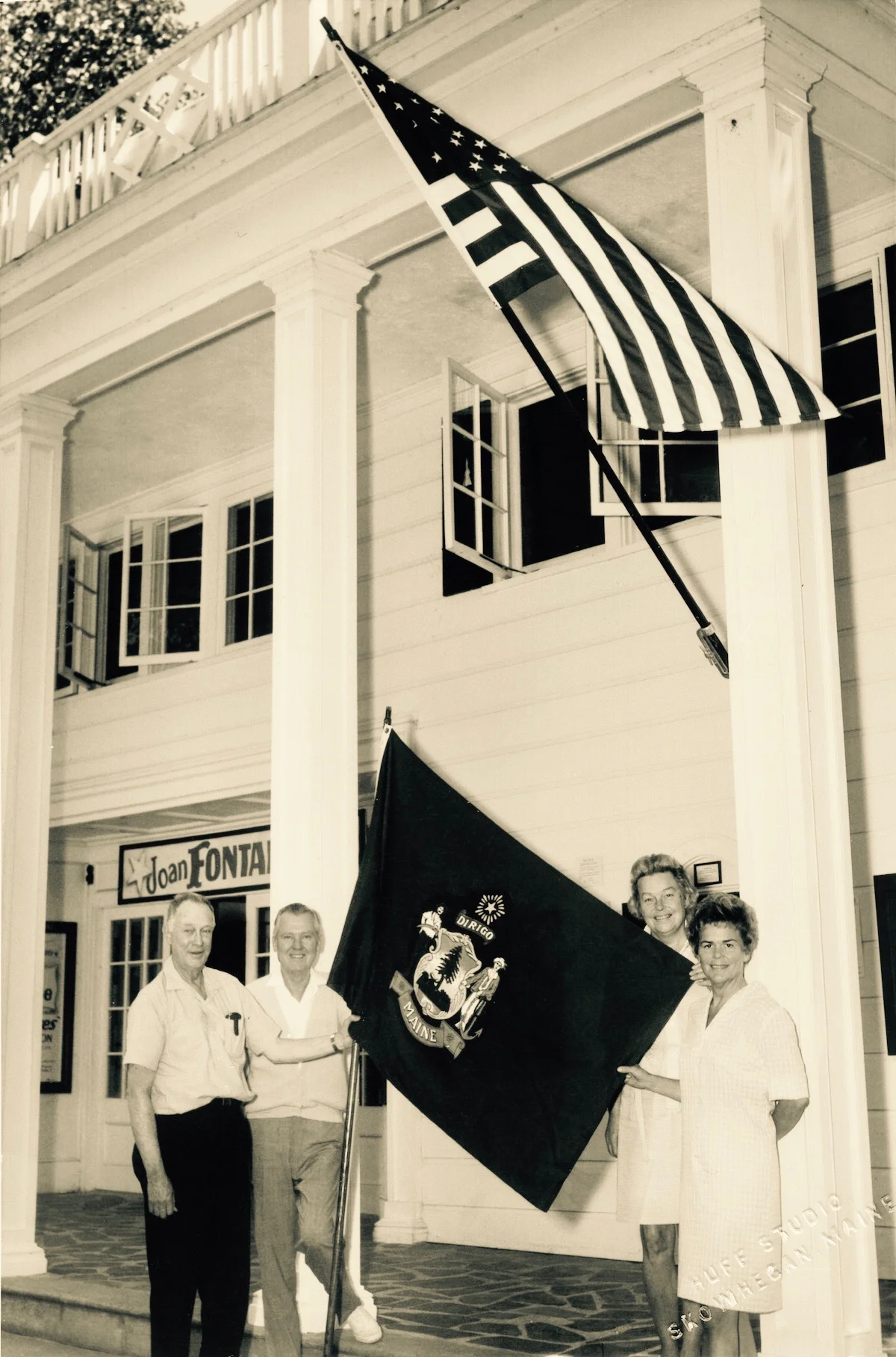 Shown on the occasion of Lakewood's becoming the official "State of Maine Theater" are Grant Mills, Henry Richards, Elizabeth “Libby” (Swett) Mills, and Eleanor “Twinney” (Swett) Richards. 