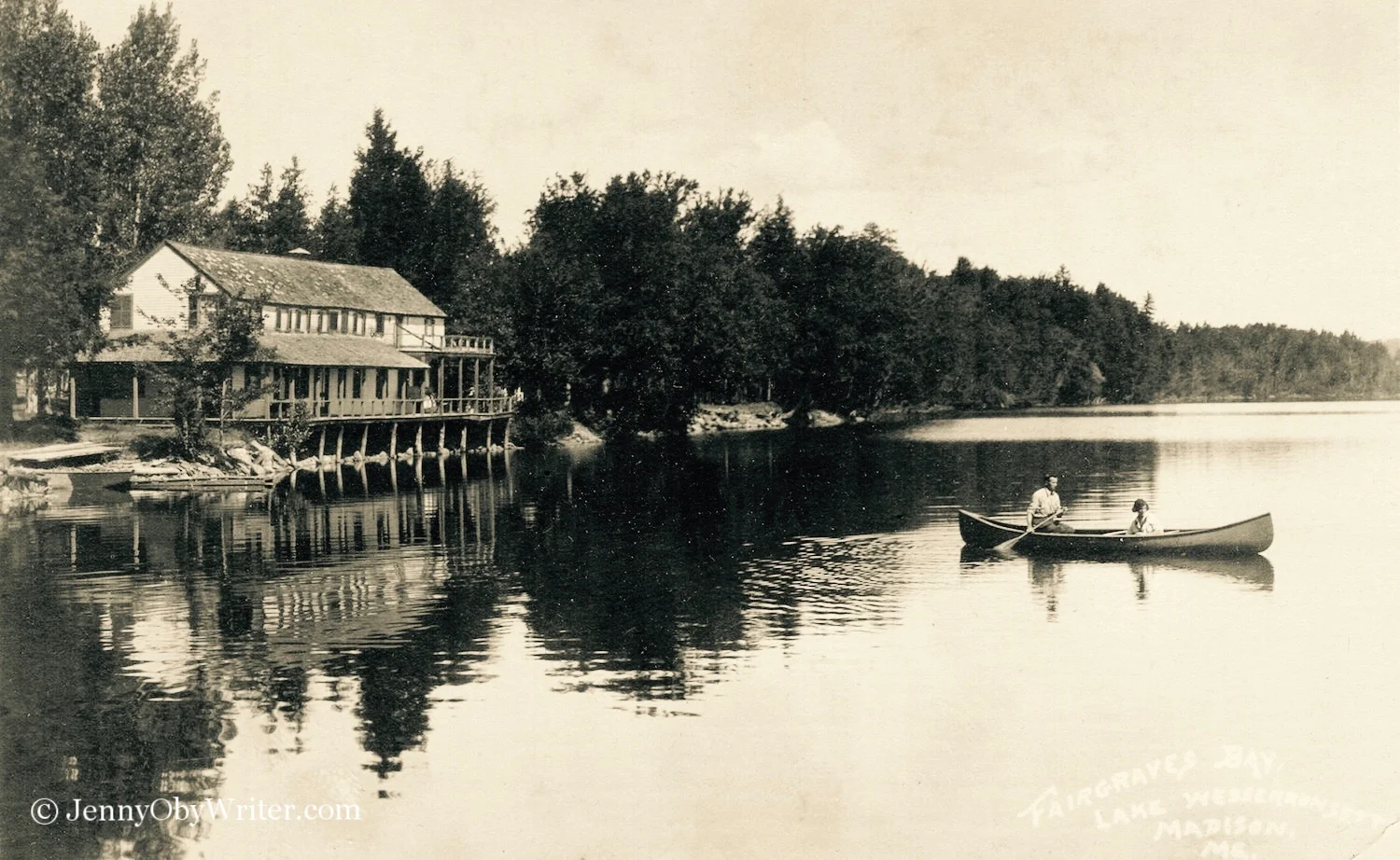 I was thrilled to recently discover this very rare, undated postcard, which shows Fairgrieve's Bay (misspelled "Farigraves"). Fairgrieve's Hotel was located on Lake Wesserunsett, on the same side as Lakewood Theatre, just north of Lakewood Grove and south of Black Point.