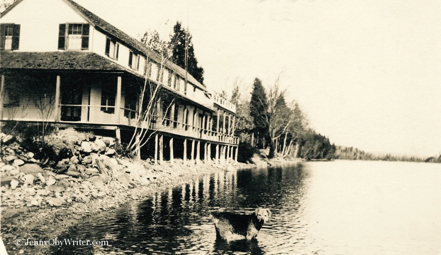 A closer view of Fairgrieve's Hotel on Lake Wesserunsett in Madison, Maine. Black Point is visible in the distance, disappearing off to the right of the frame.