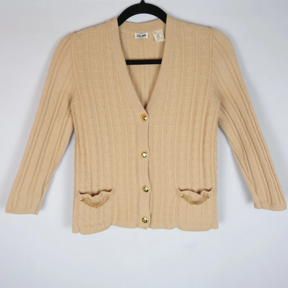 CÉLINE ベージュ ニットカーディガン/38サイズ/ビンテージ/カシミヤ Celine