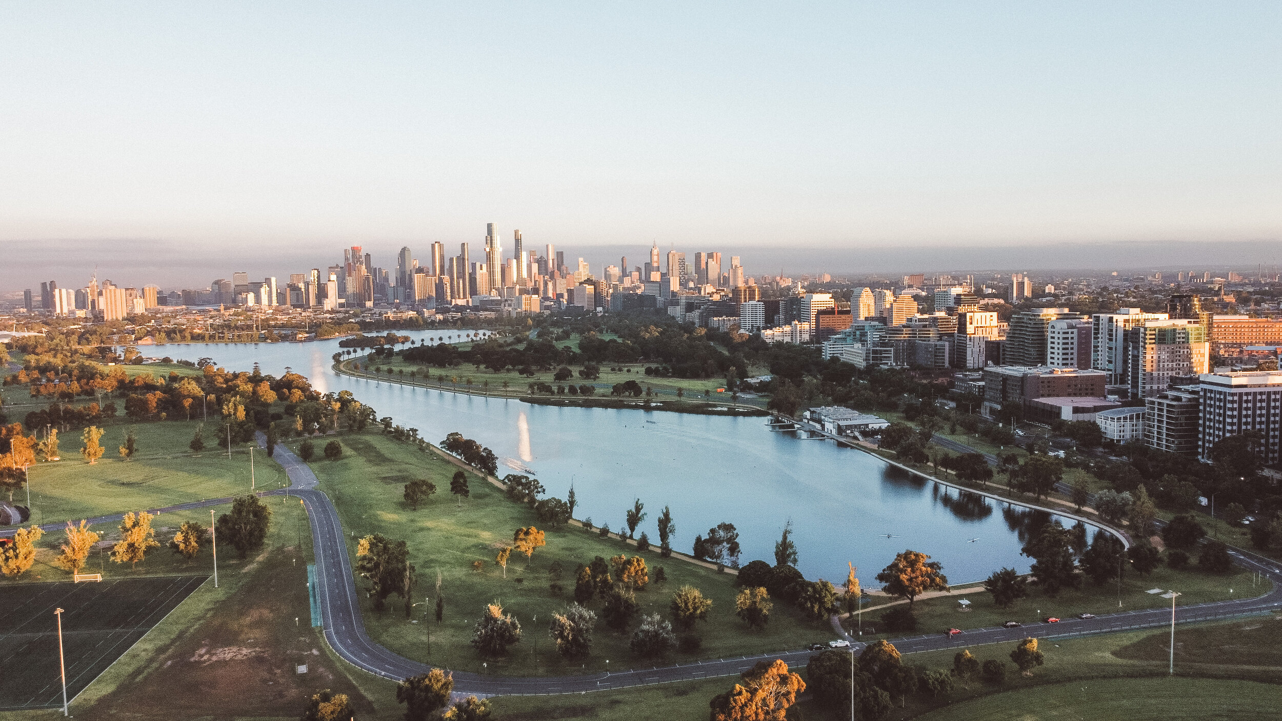 Albert Park Lake Aerial Views - Sunrise - Melbourne - Victoria - Australia
