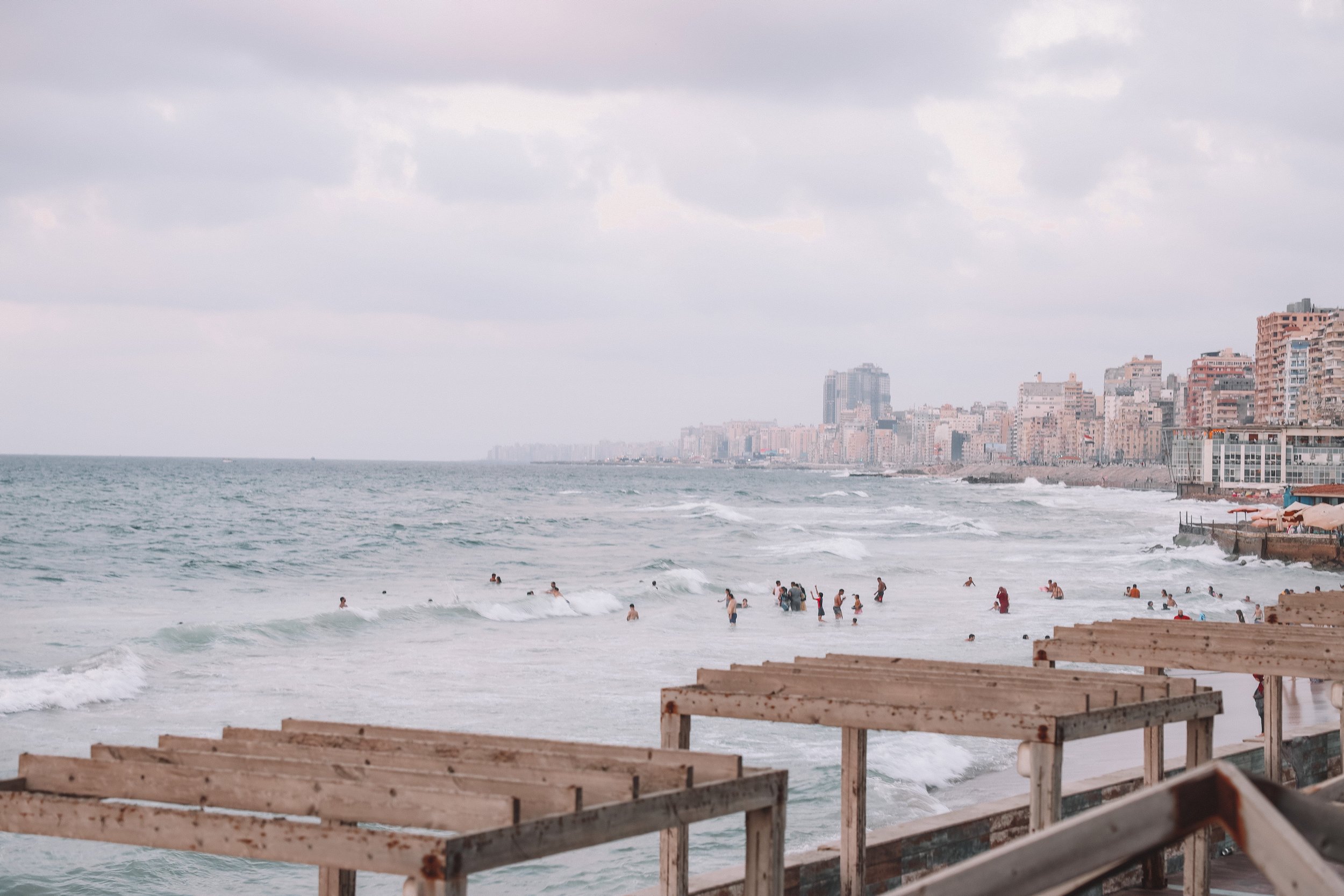 Beach cabanas with the city in the background - Alexandria - Egypt