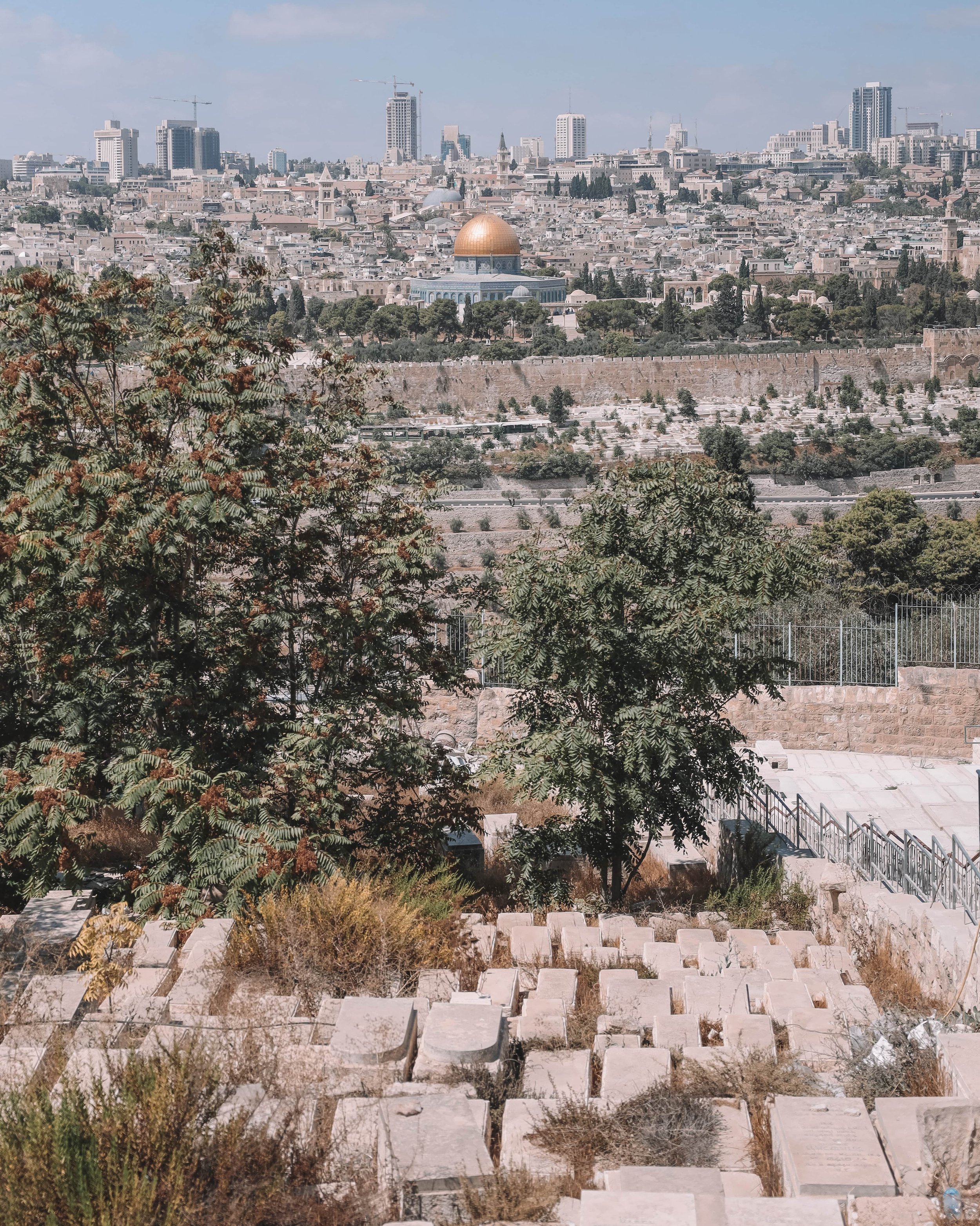 Une partie du cimetière et le dôme du rocher avec la ville au loin - Vieille Ville - Jérusalem - Israël